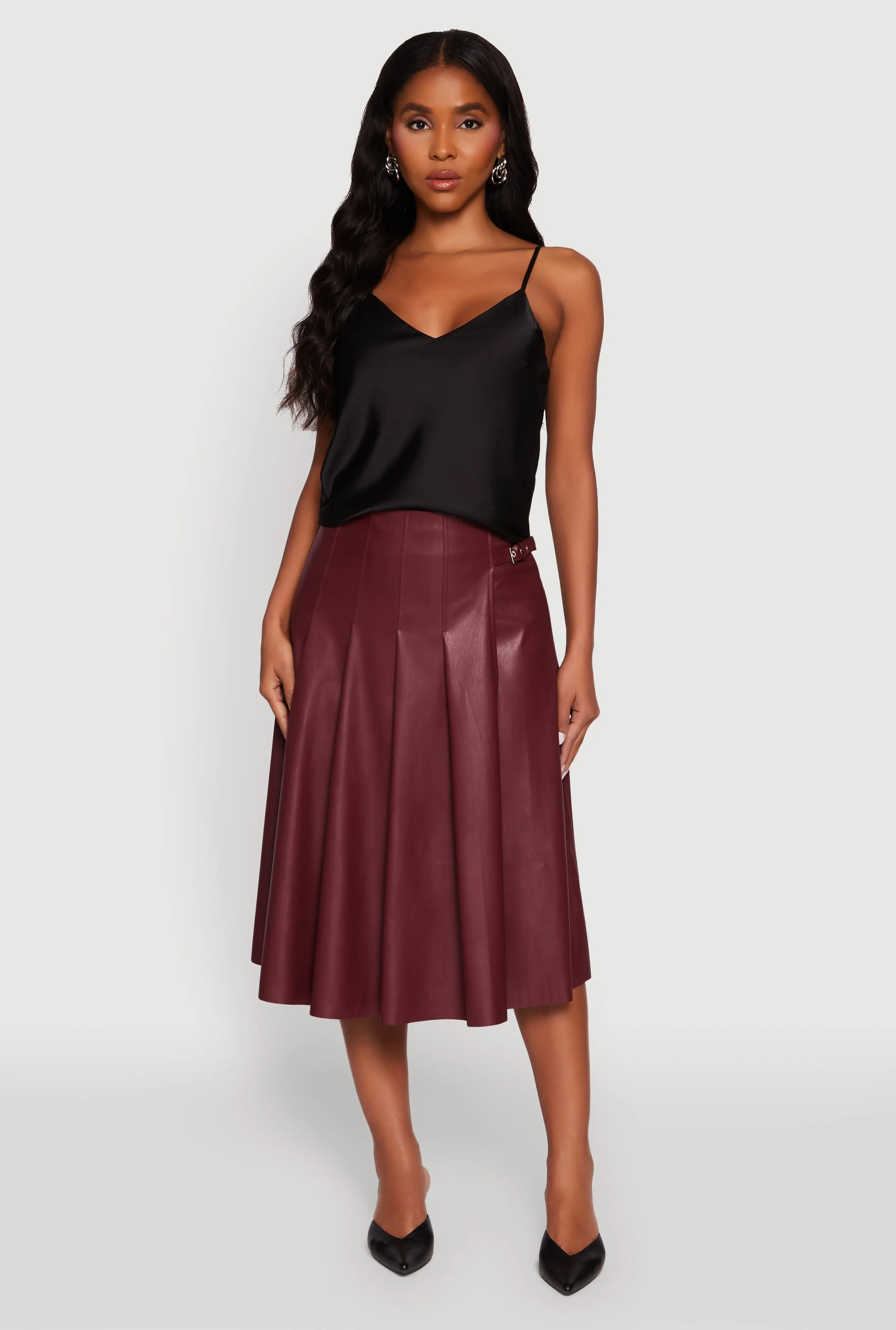 Faux Leather Buckle Detail Midi Pleated Skirt Flowy Drape Sleek Motion