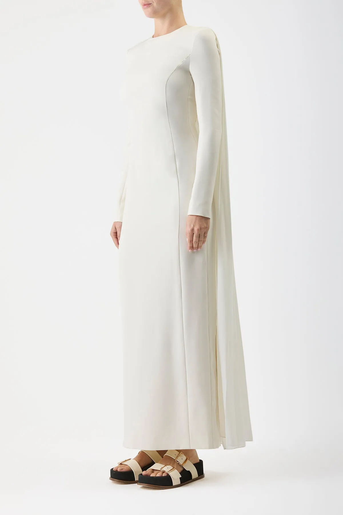 Carlota Draped Maxi Gown in Ivory Silk Wool Cady Thermal Insulation Layer