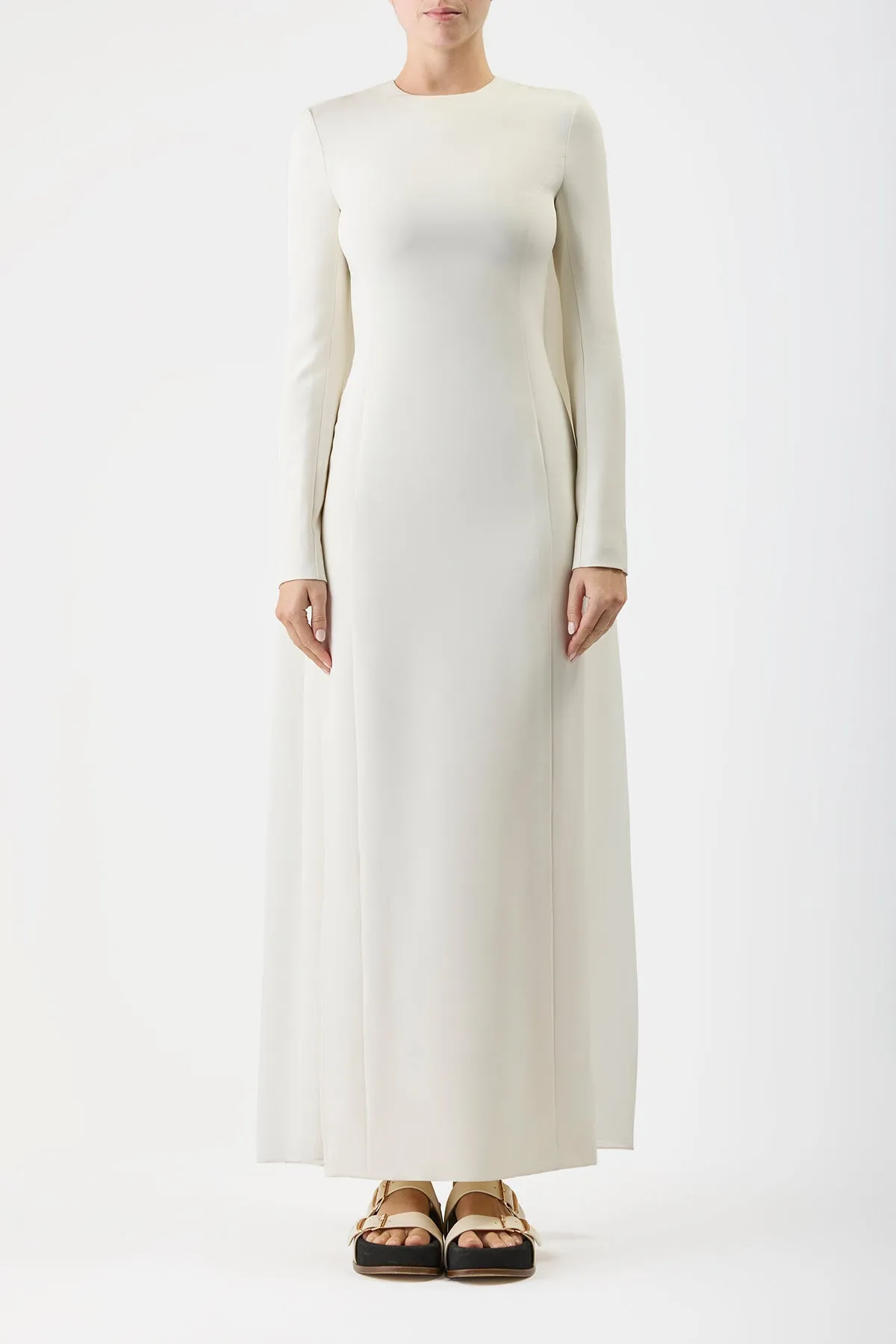 Carlota Draped Maxi Gown in Ivory Silk Wool Cady PreShrunk Cotton