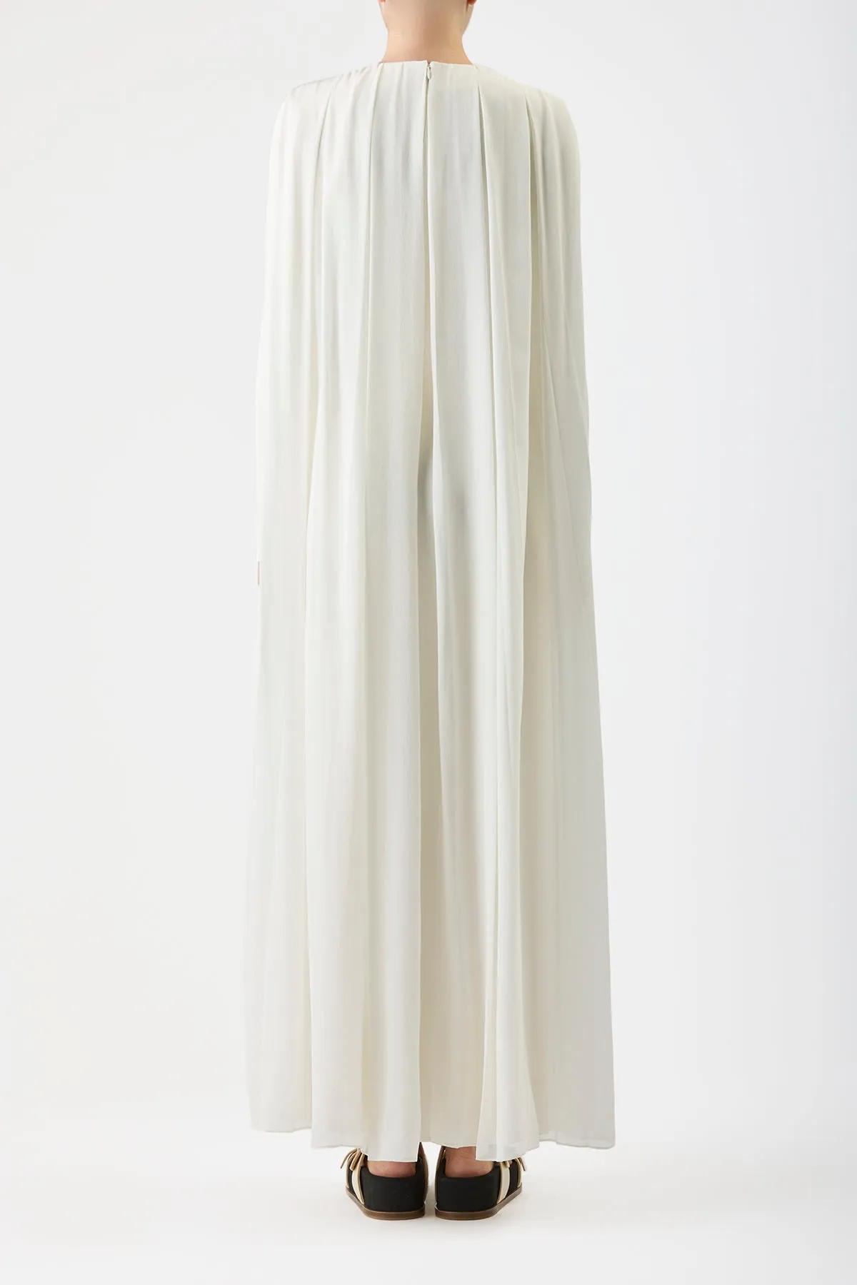 AntiPillingFabric DoubleLayeredHem Carlota Draped Maxi Gown in Ivory Silk Wool Cady