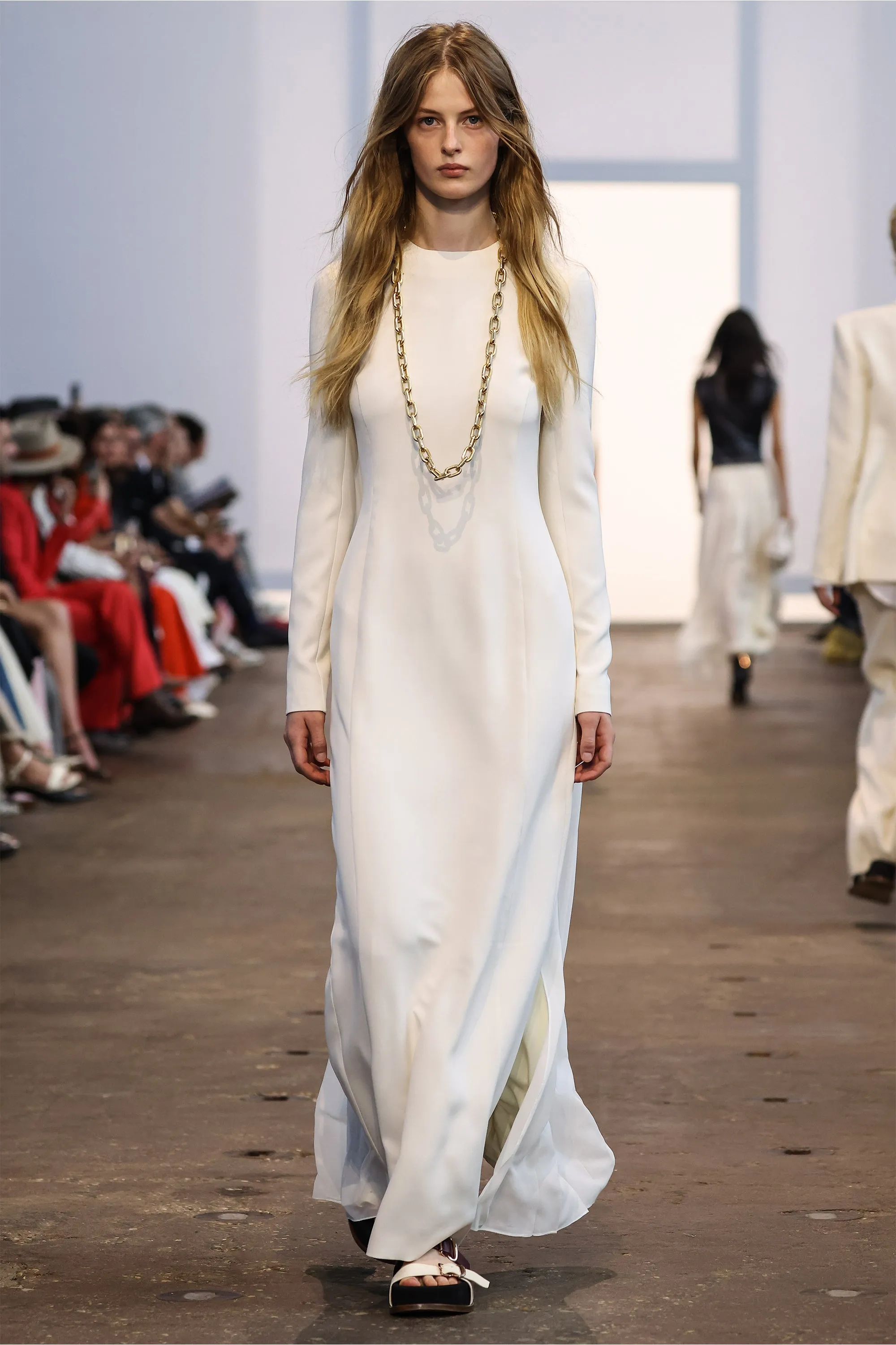 Carlota Draped Maxi Gown in Ivory Silk Wool Cady Frost Glow Spanish Glow