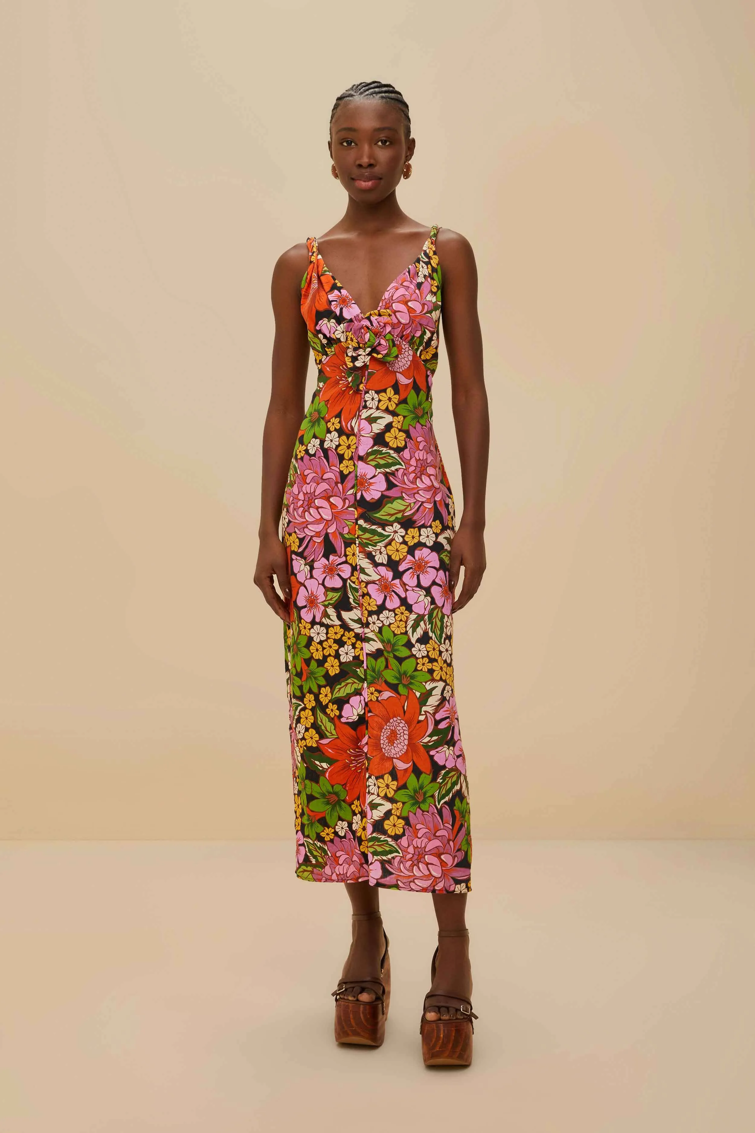 Black Floral Vivi Rose LENZING? ECOVERO? Euroflax? Midi Dress Amber Light