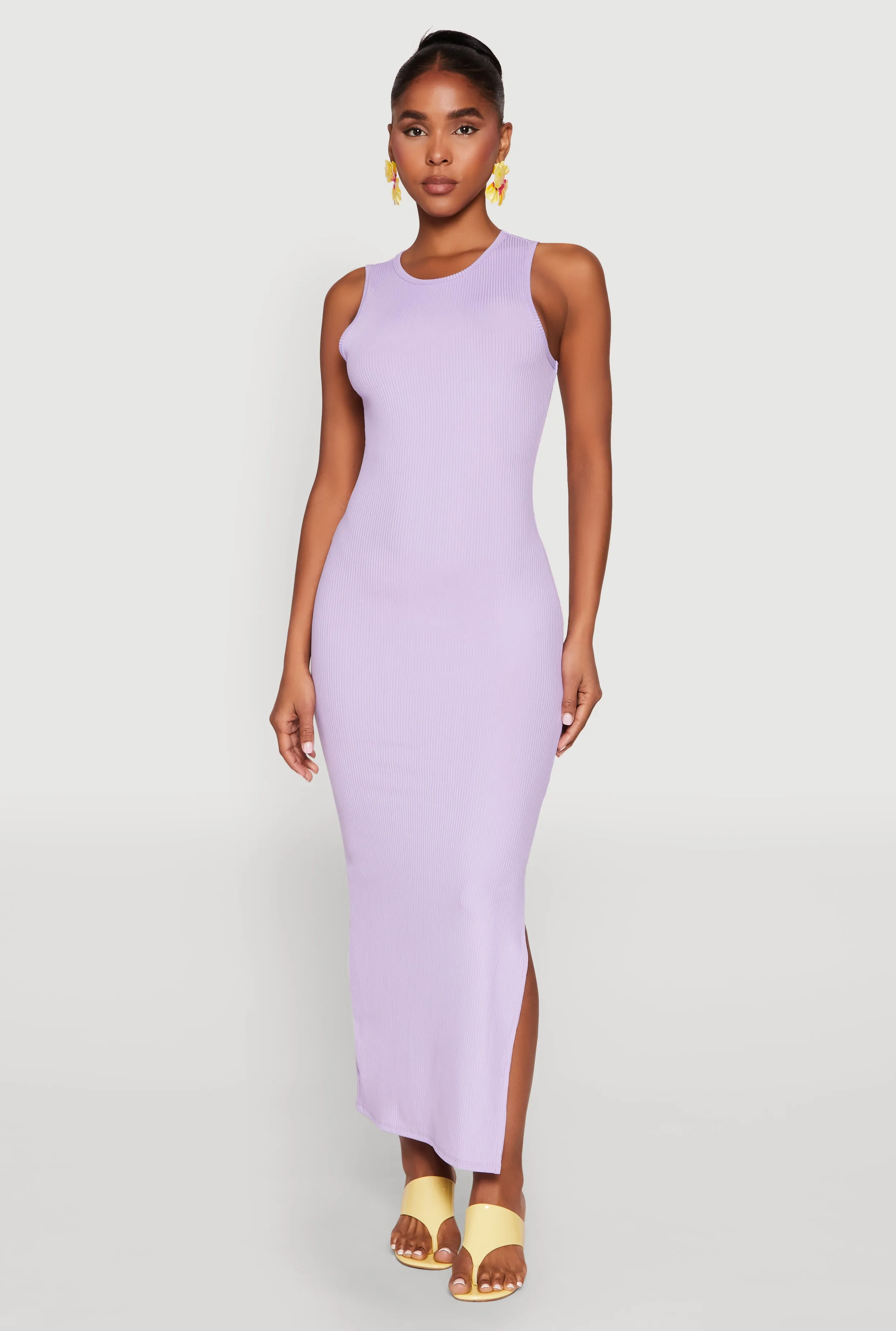 Crew Neck Rib Knit Side Slit Maxi Dress White Pure Elegant dress for brunch
