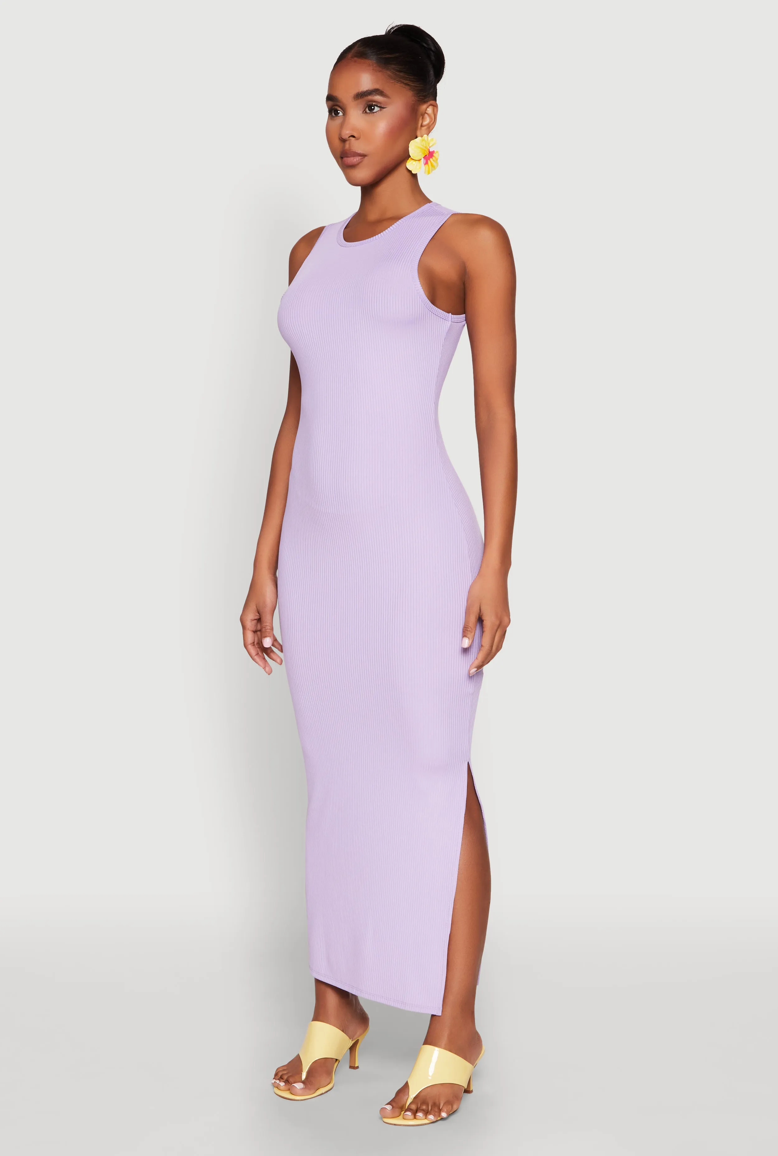 Its versatile length ensures it can be worn for a variety of occasions from casual to formal Crew Neck Rib Knit Side Slit Maxi Dress