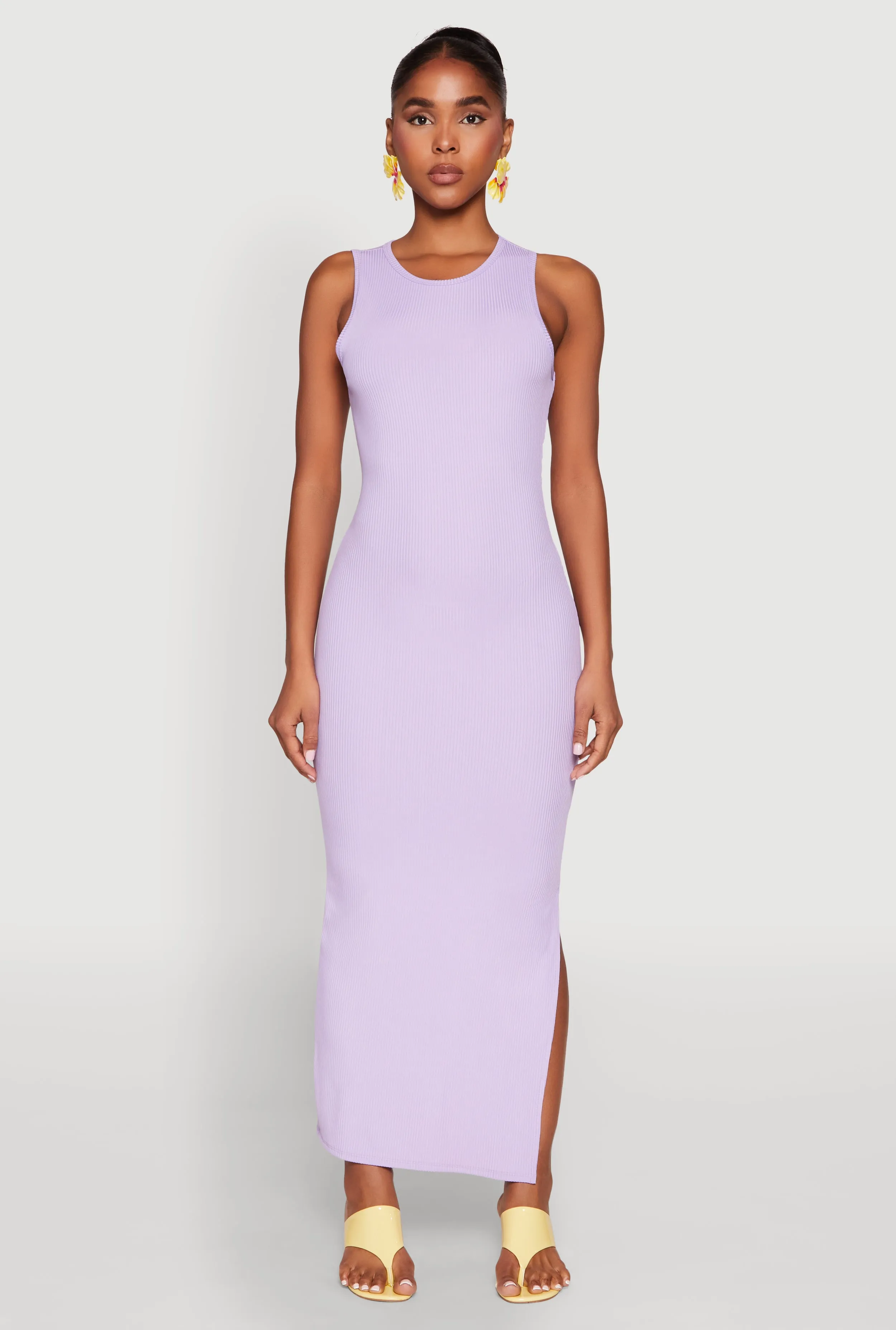 Emerald Pop Lantern Arm Crew Neck Rib Knit Side Slit Maxi Dress