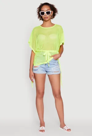 Trendy Fishnet Tunic Top with Drawstring Waist Business Meeting Breathable Yarn Composition