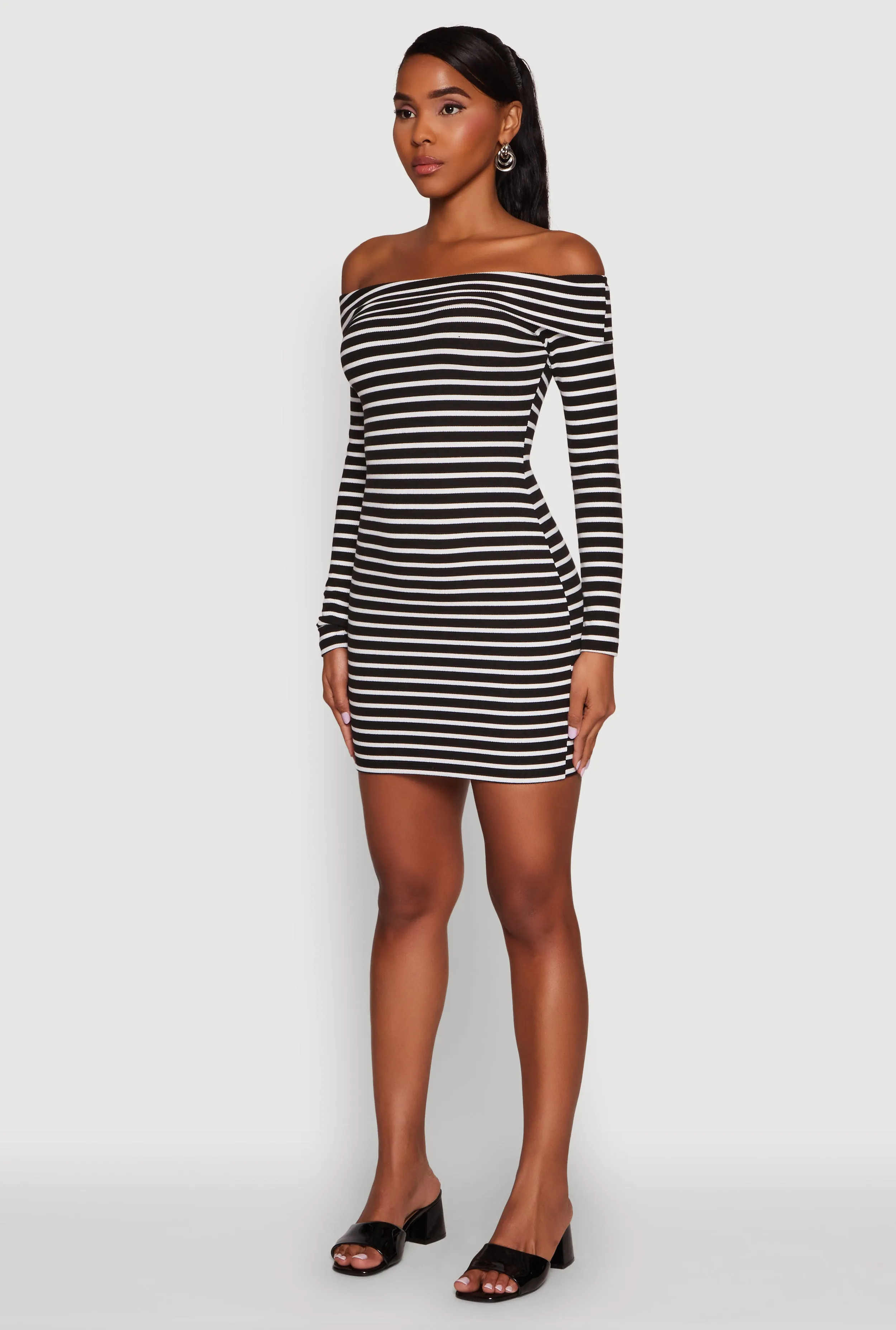 Uniform Drape Sassy Look Iris Striped Off The Shoulder Mini Bodycon Dress