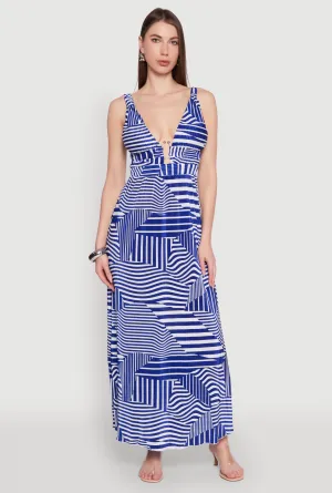 Plisse Abstract Stripe Plunge Metallic Detail Maxi Dress Garden View Palm Shade
