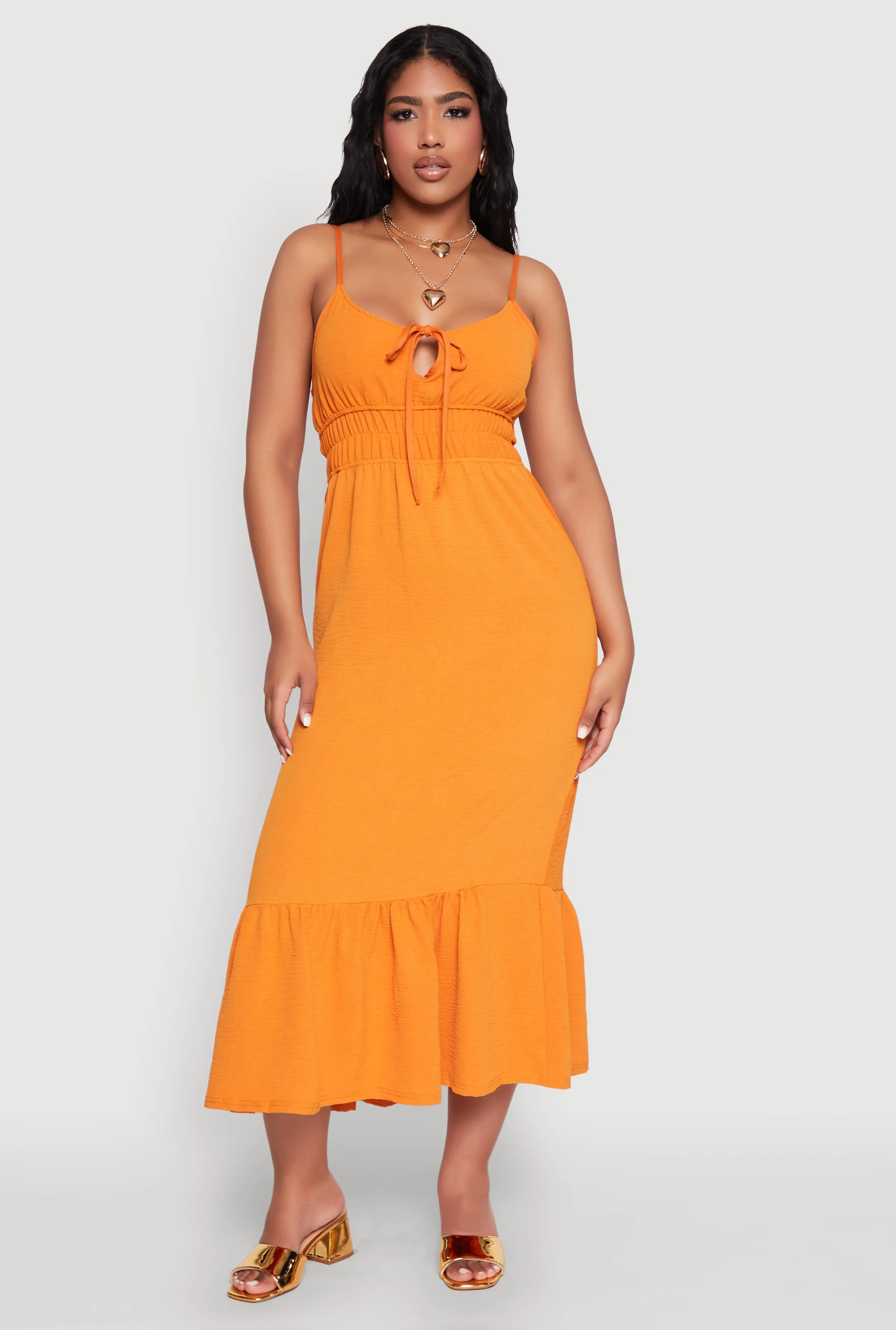Tie Front Keyhole Flounce Hem Maxi Dress Mesh Touch