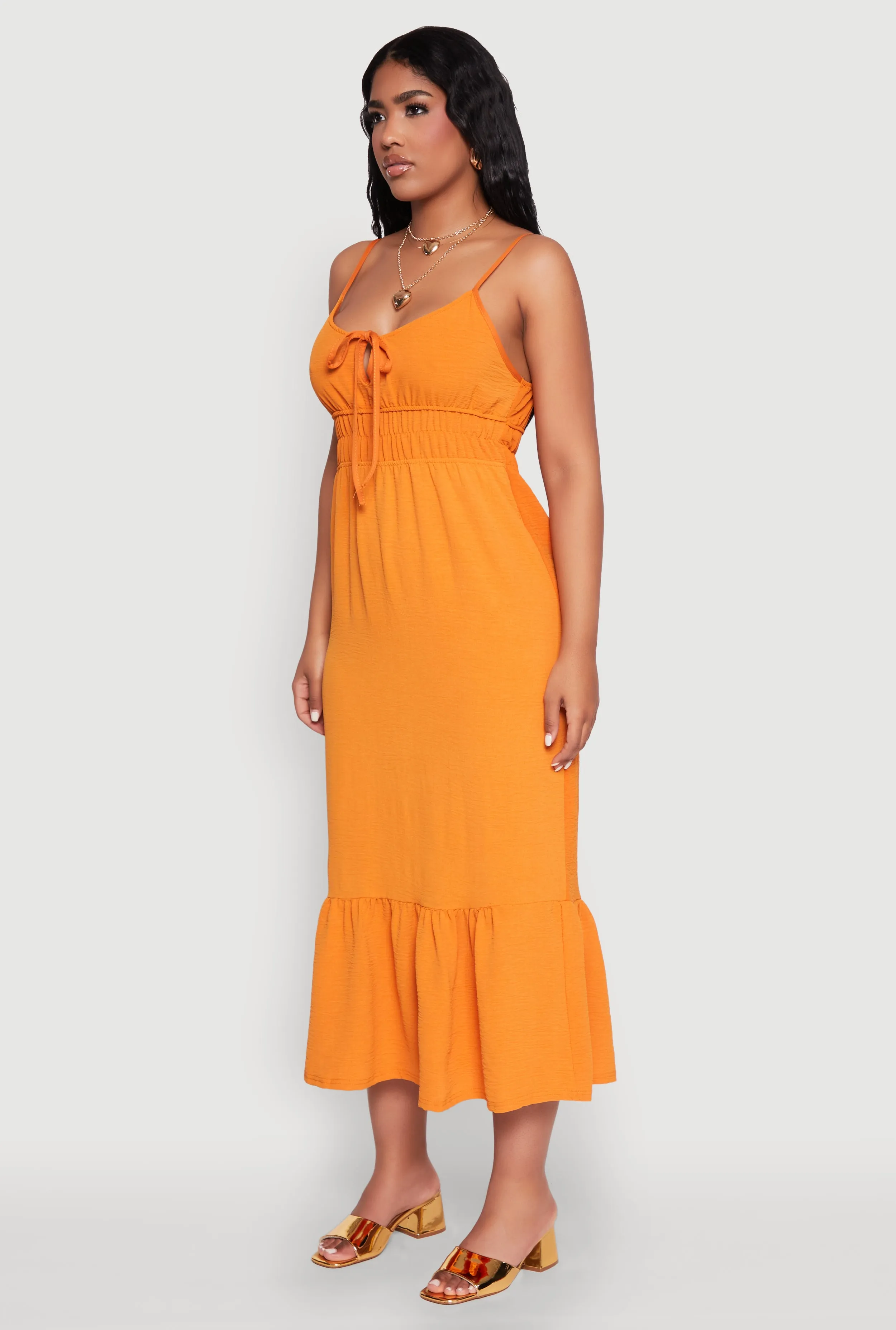 Sequin Glow Boat Neck Tie Front Keyhole Flounce Hem Maxi Dress