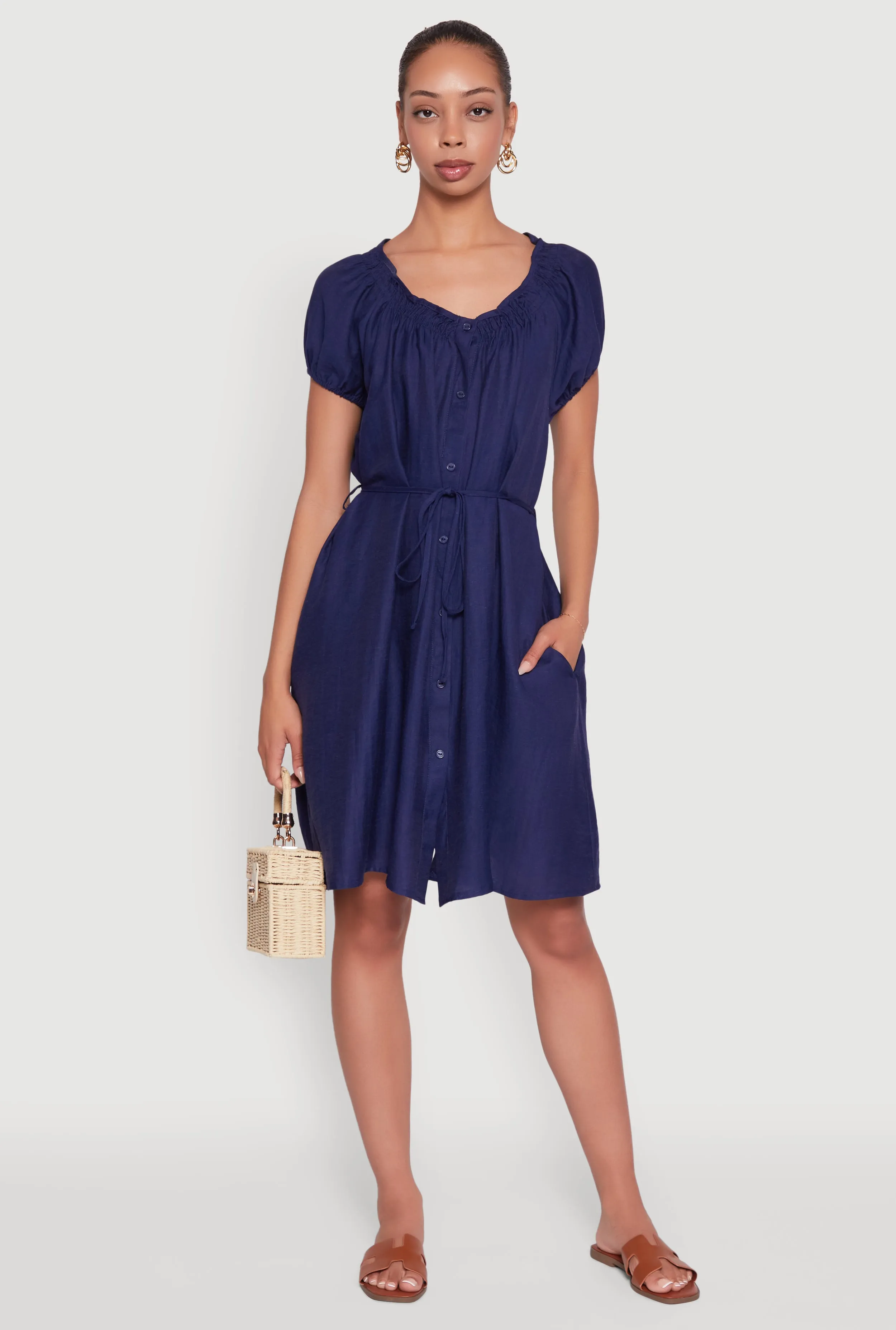City Babe Chic Linen Peasant Dress with Pockets and Tie Waist Belt
