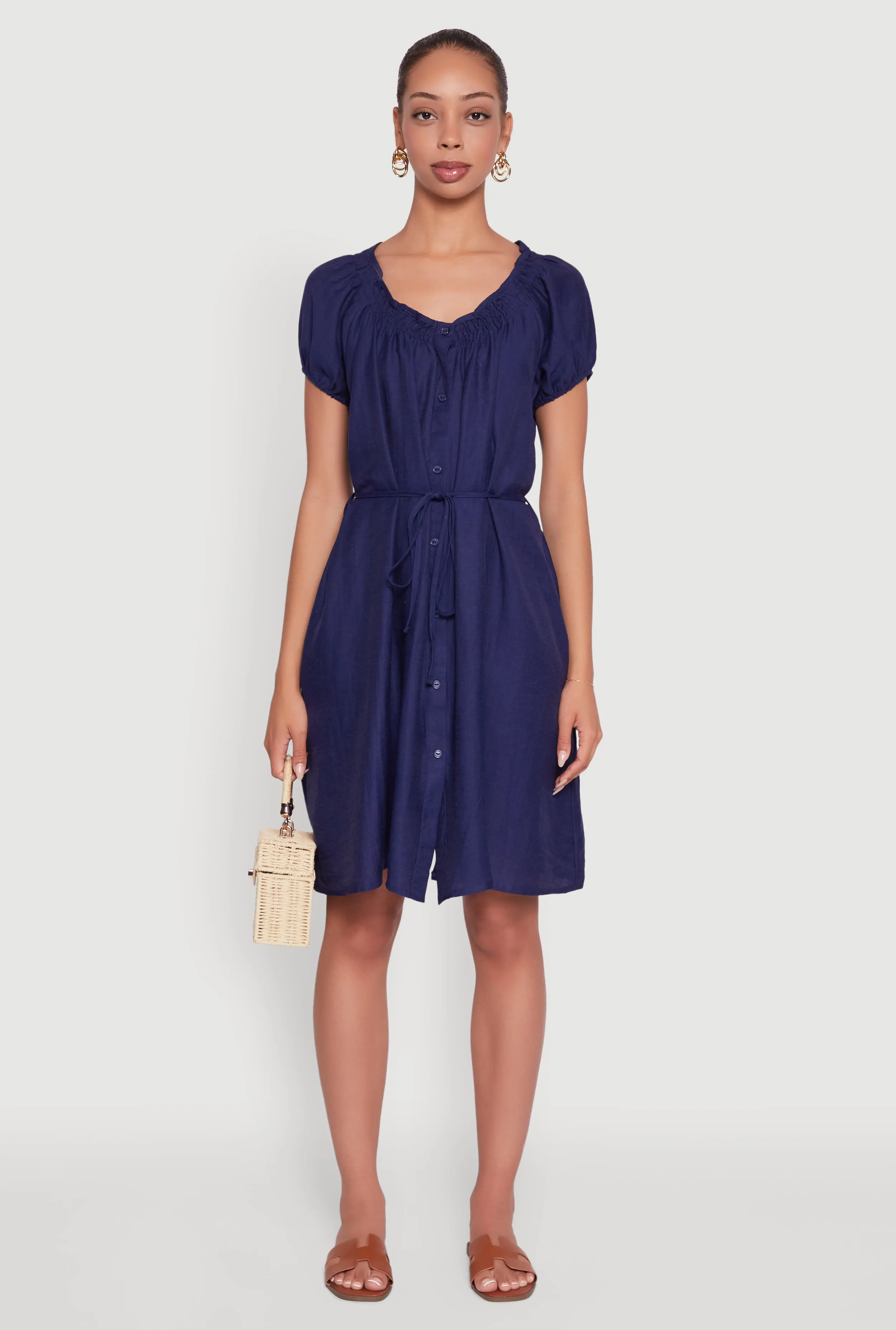 Eye Candy Sassy Pop Chic Linen Peasant Dress with Pockets and Tie Waist Belt