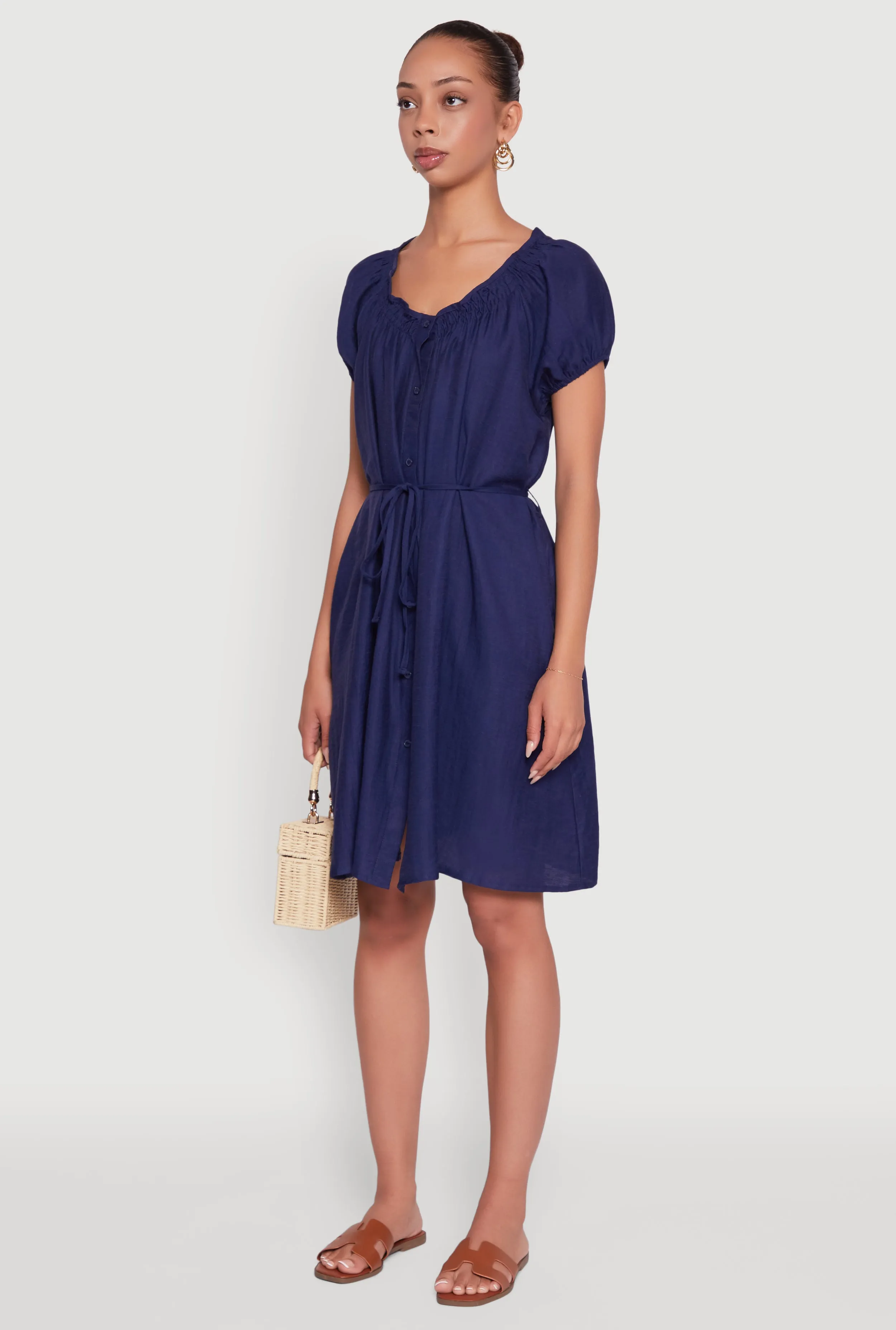 Tie Back Closure System Chic Linen Peasant Dress with Pockets and Tie Waist Belt