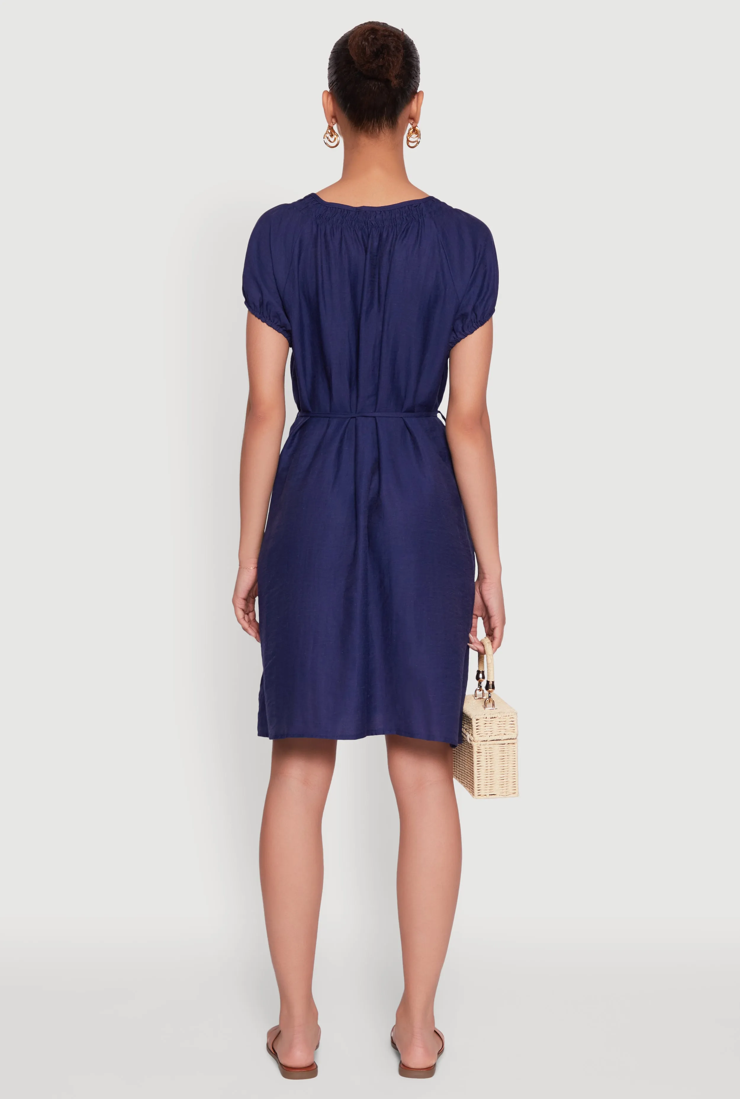 Water Repellent Coating Stylish short-sleeve mini Chic Linen Peasant Dress with Pockets and Tie Waist Belt