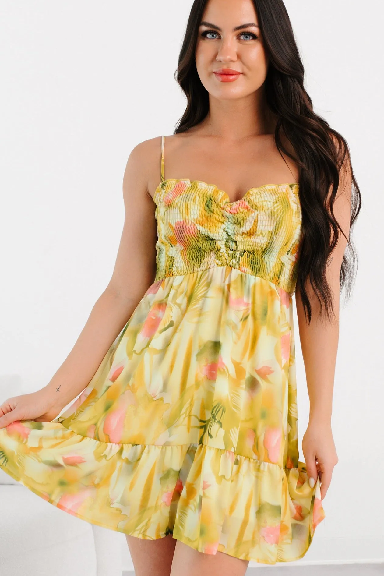 Timeless mini silhouette Blooming Days Smocked Floral Mini Dress (Green)