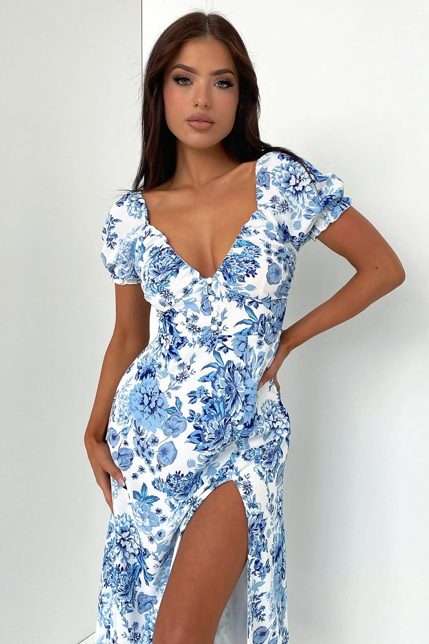 Boho Soul Winter Layering Solem Midi Dress - Blue Floral