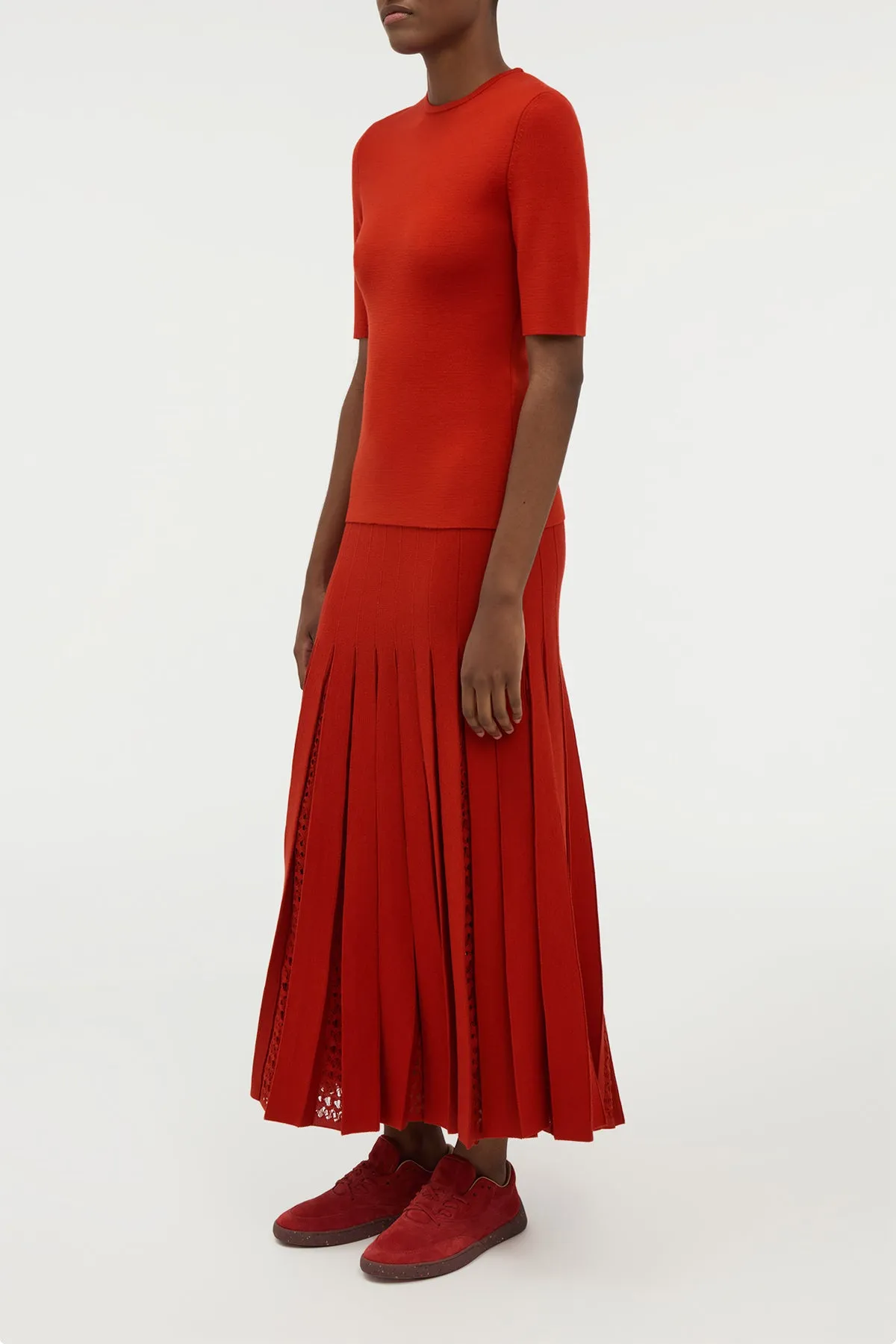 Mood Outfit Collaboration Piece Debutante Knit Pleated Maxi Skirt in Antelope Orange Merino Wool
