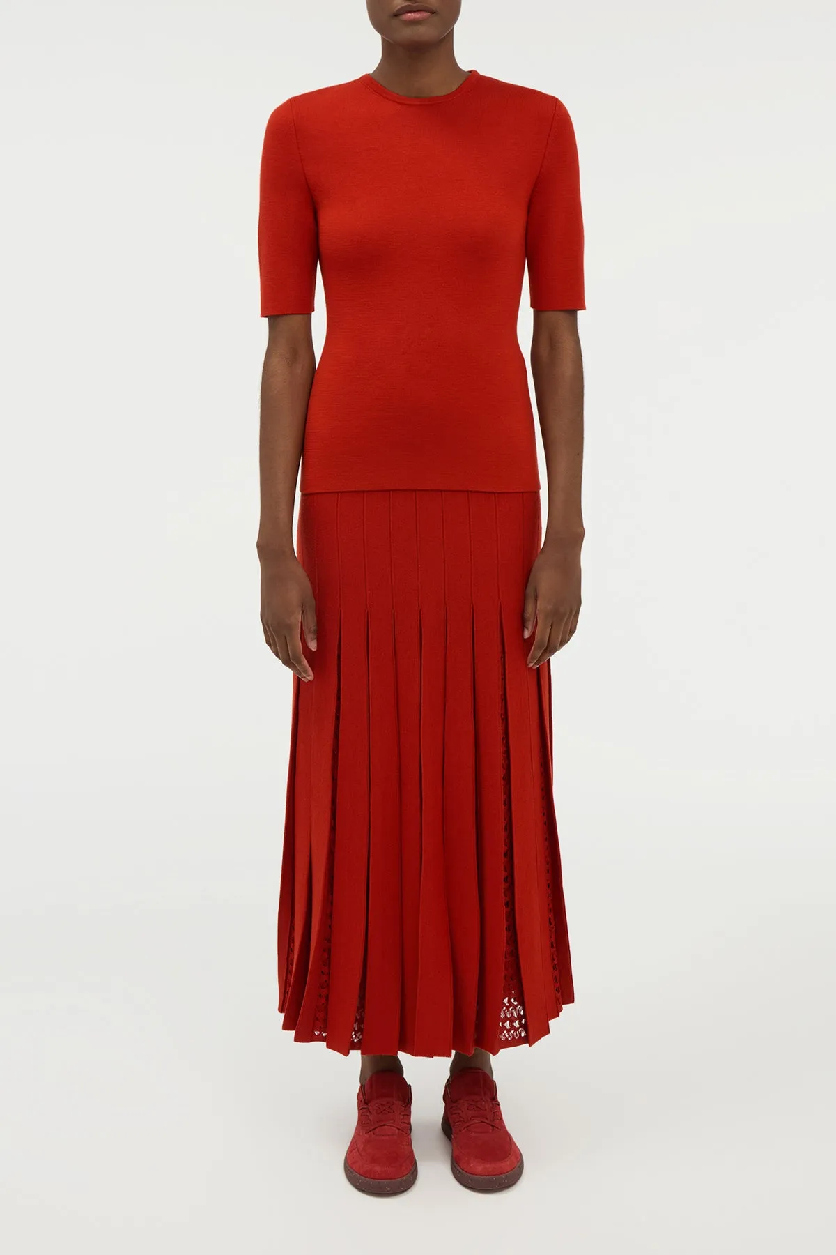 DoubleStitchedSeams Smooth Yarn Debutante Knit Pleated Maxi Skirt in Antelope Orange Merino Wool