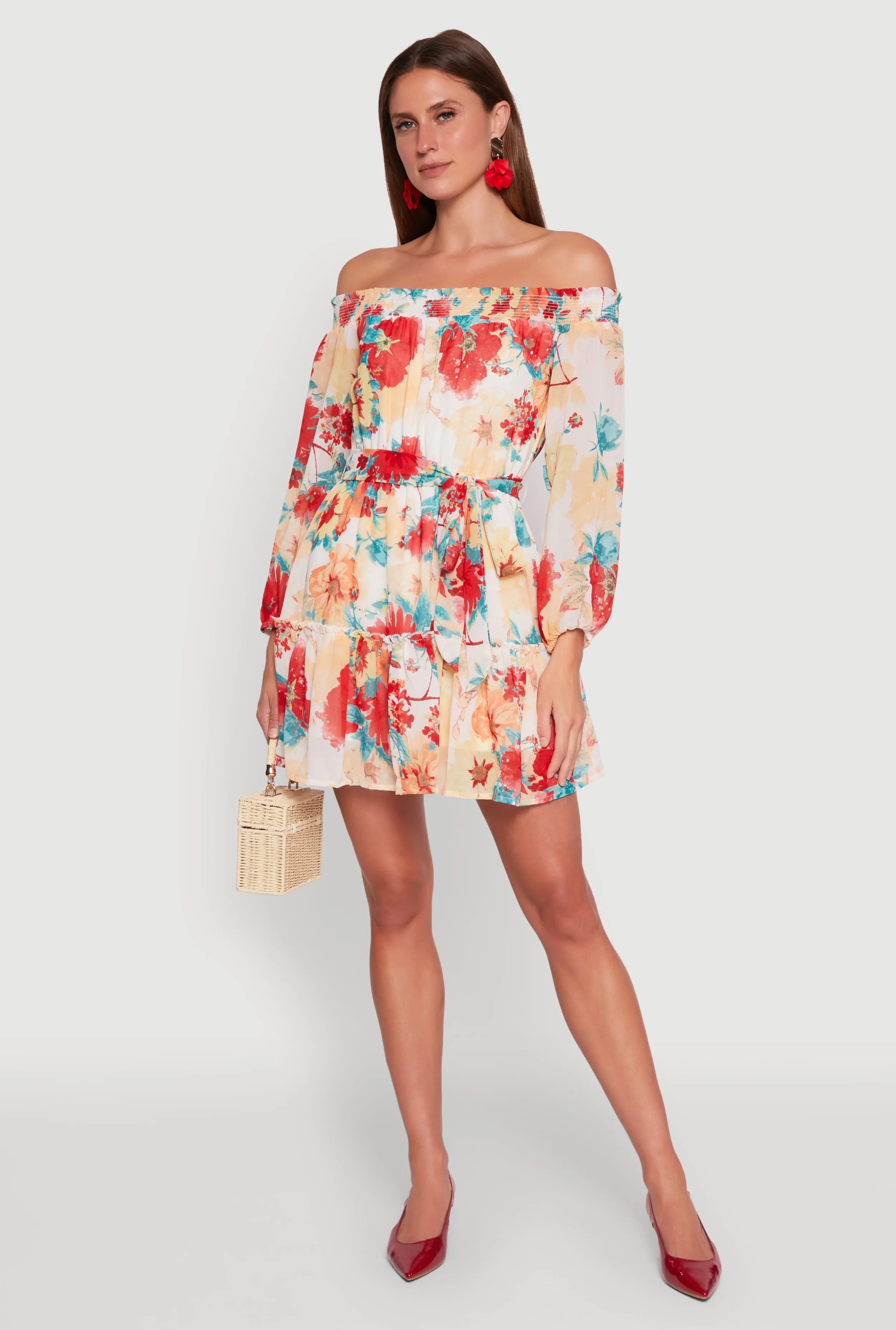 Casual stylish short dress Star Beat Floral Off the Shoulder Tie Waist Tiered Mini Dress