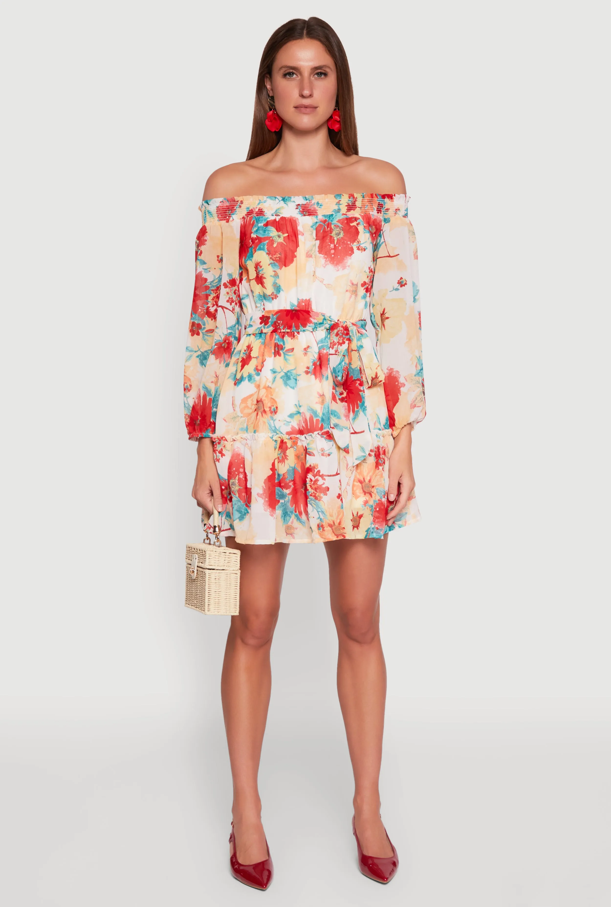 Built In Pockets Vibrant patterned mini Floral Off the Shoulder Tie Waist Tiered Mini Dress
