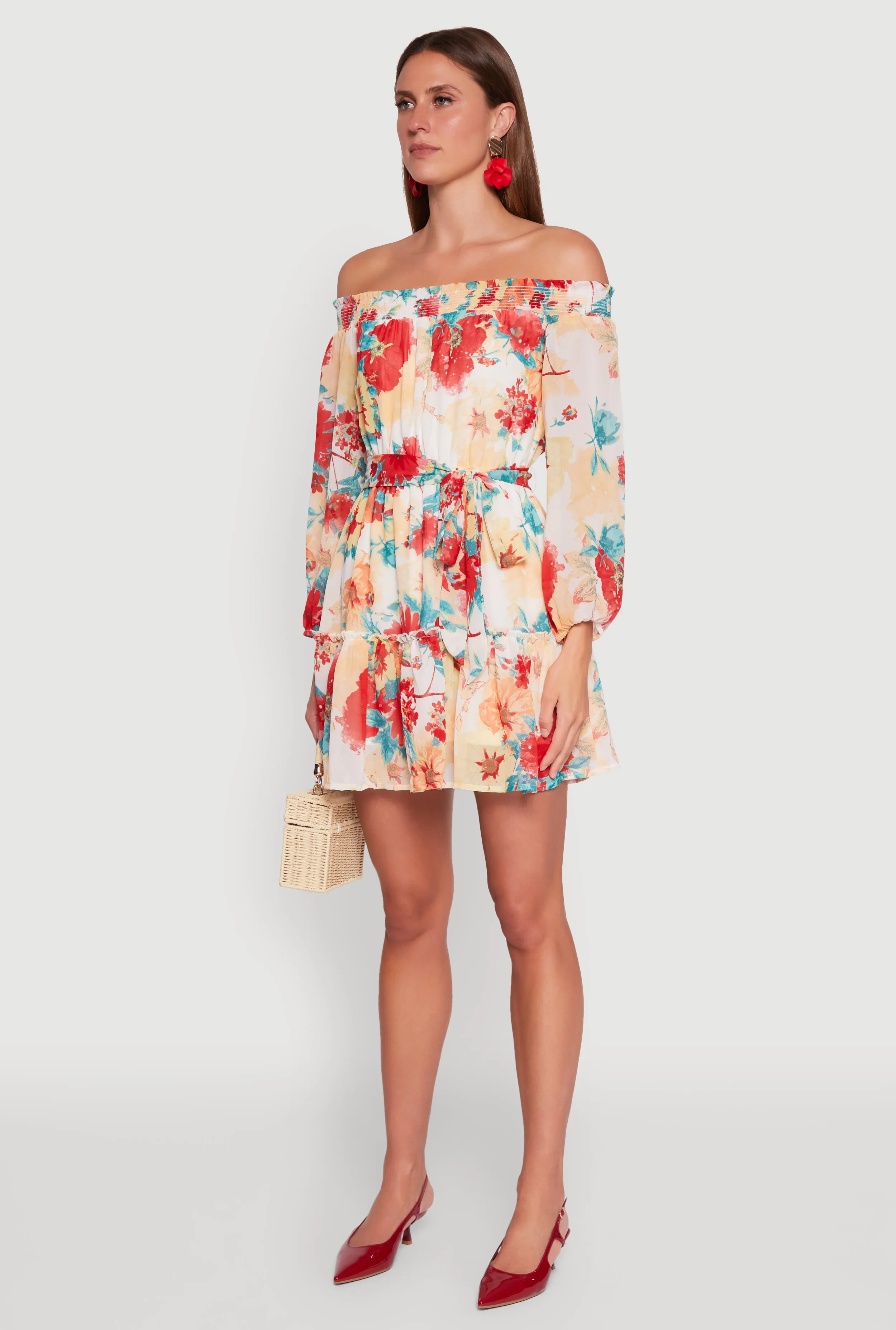 Beat Soft Beat Hot Floral Off the Shoulder Tie Waist Tiered Mini Dress