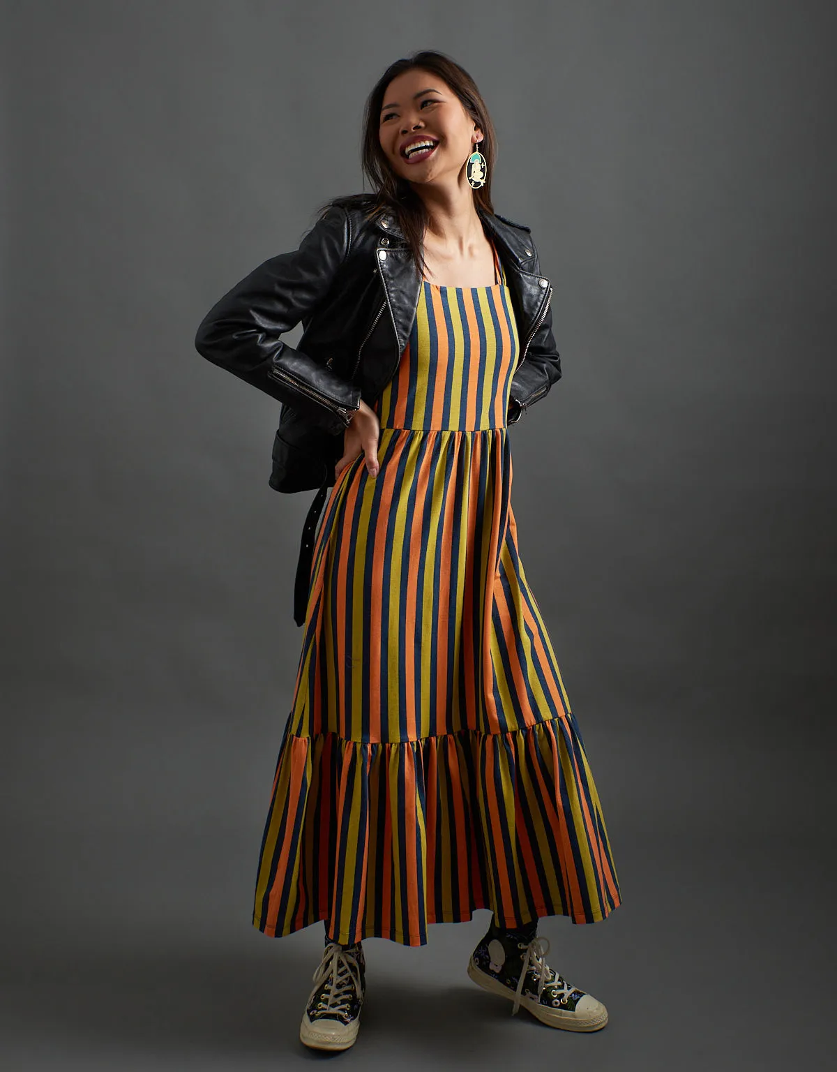 PreShrunk Cotton WaterRepellent Coating Opal Dress - Navy Chartreuse Stripe