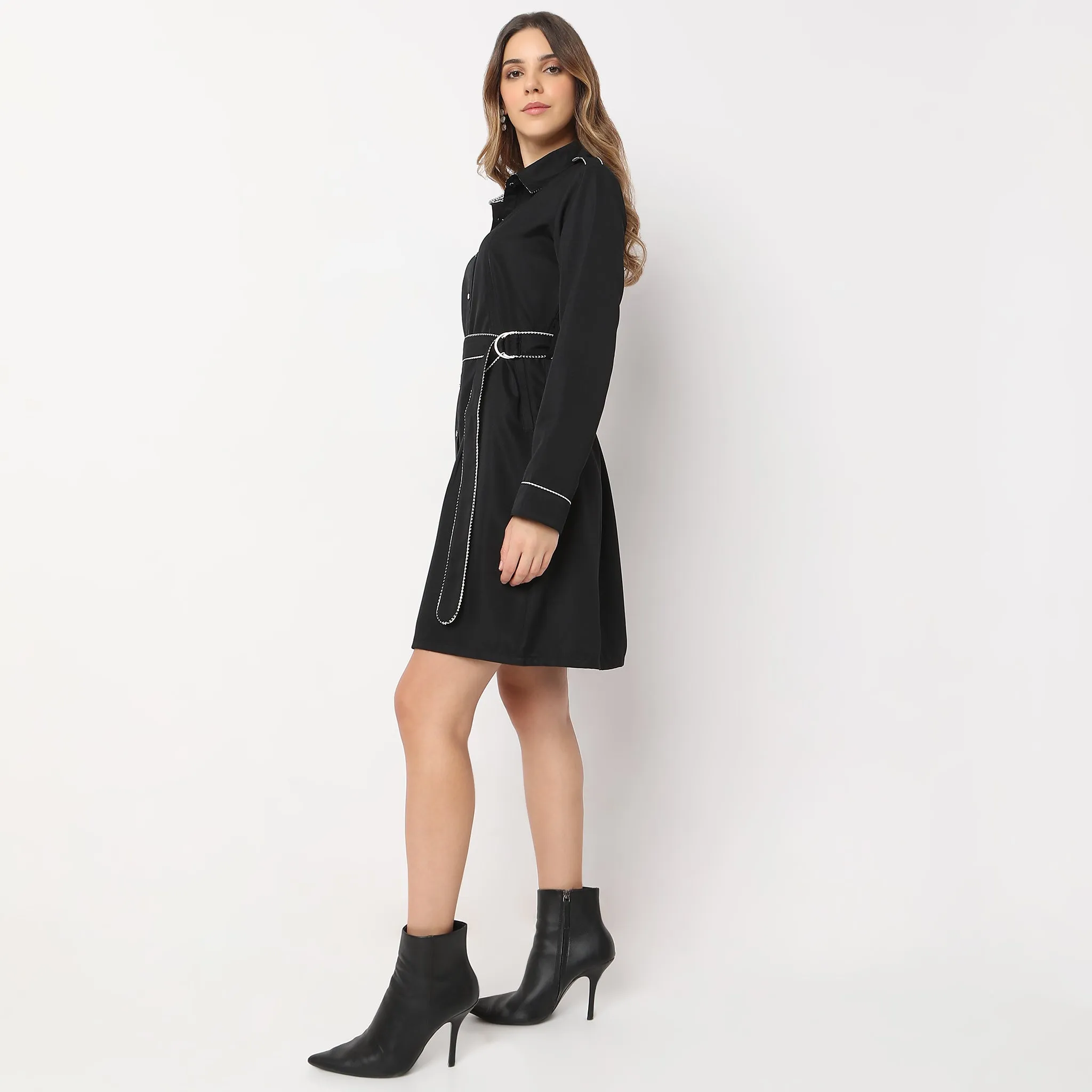 Knee Length Collar Full Sleeve Dress Adjustable Straps Dry Touch