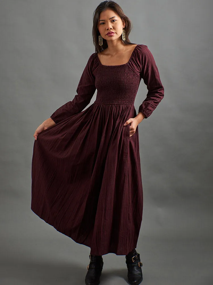 WaterResistant Coating Heart Soul Hailee Smocked Midi Dress - Maroon Plaid