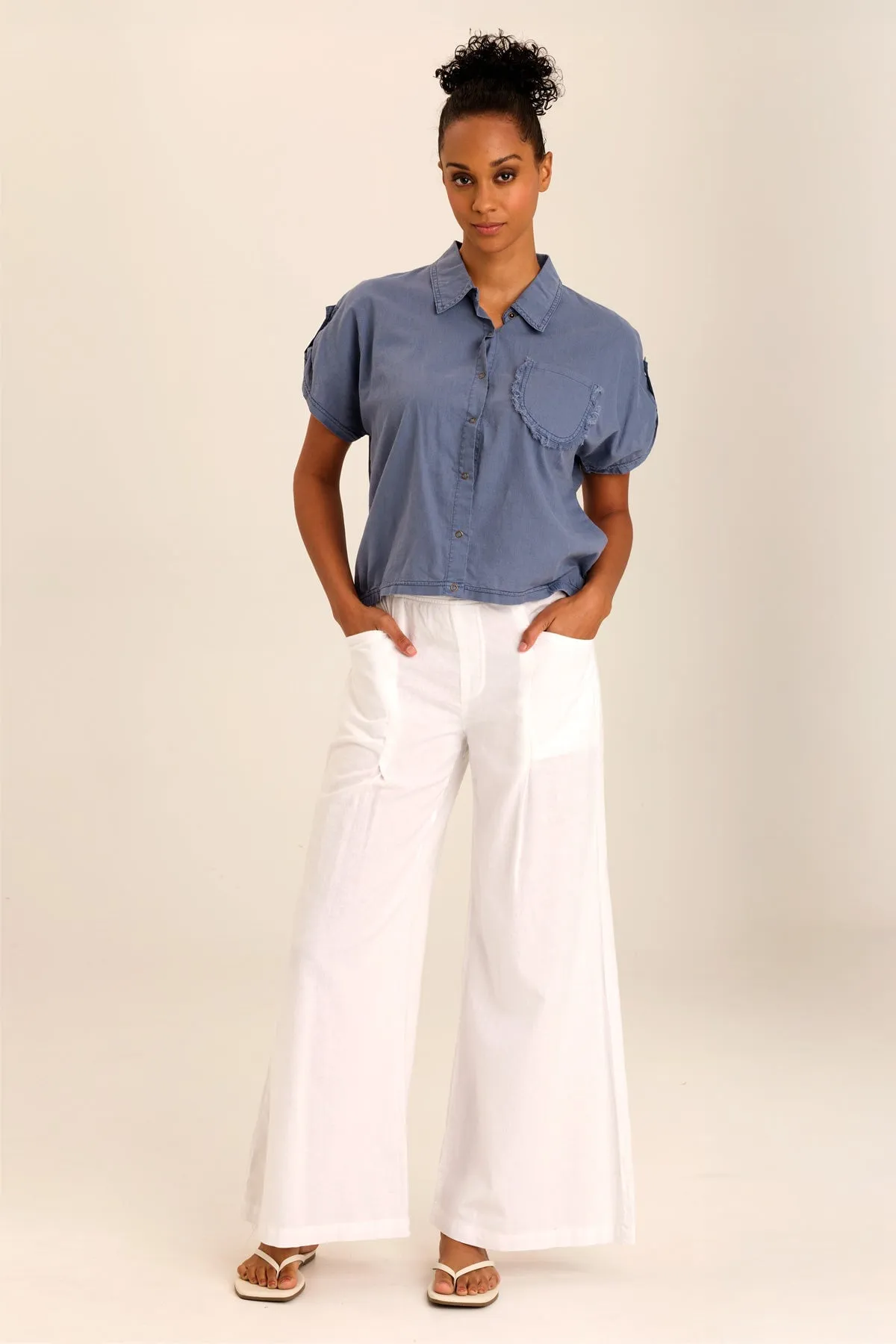 Abner Linen/Jersey Button-Up Top Bold Core Fire Glow