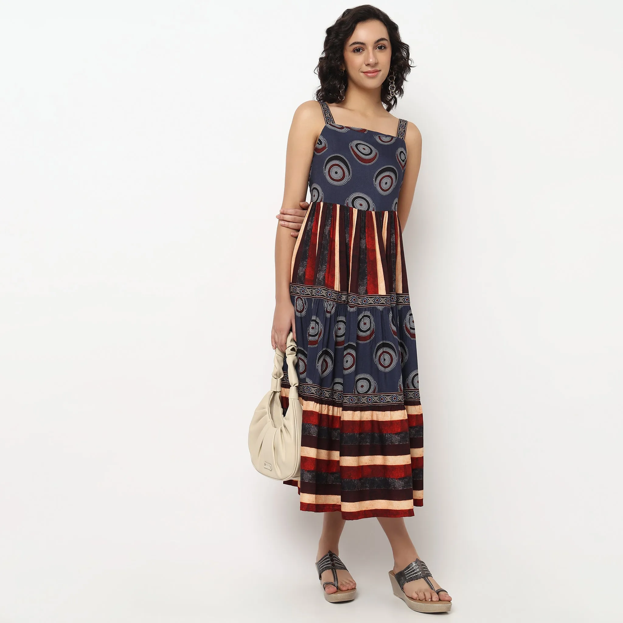 Printed Strappy Tiered Dress Universal Clasp Mechanism Hero Fit