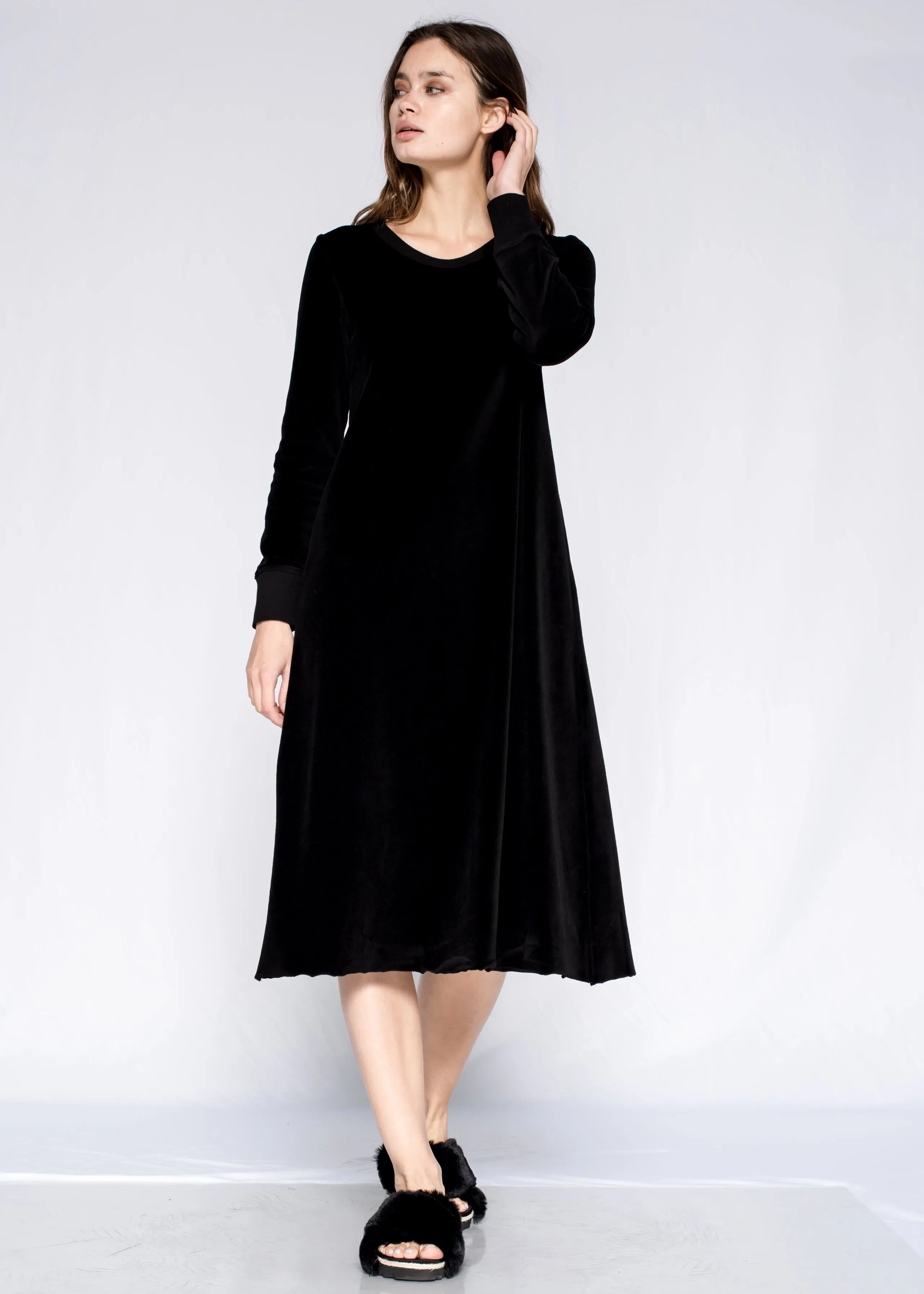 Flexible Hemline Zero Waste Crew Long Sleeve Long A-Line Raw Hem Velour Dress