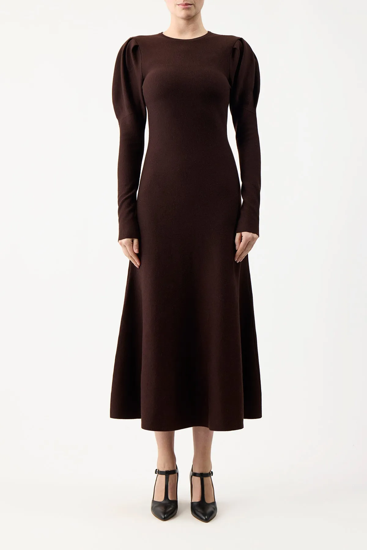 Hannah Knit Maxi Dress in Chocolate Merino Wool Cashmere Recycled Polyester Adjustable Hem