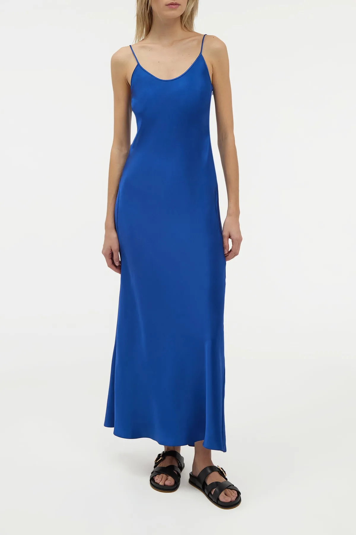 HighCollared Design WrinkleResistantFabric Jesaba Slip Maxi Dress in Cobalt Silk Satin