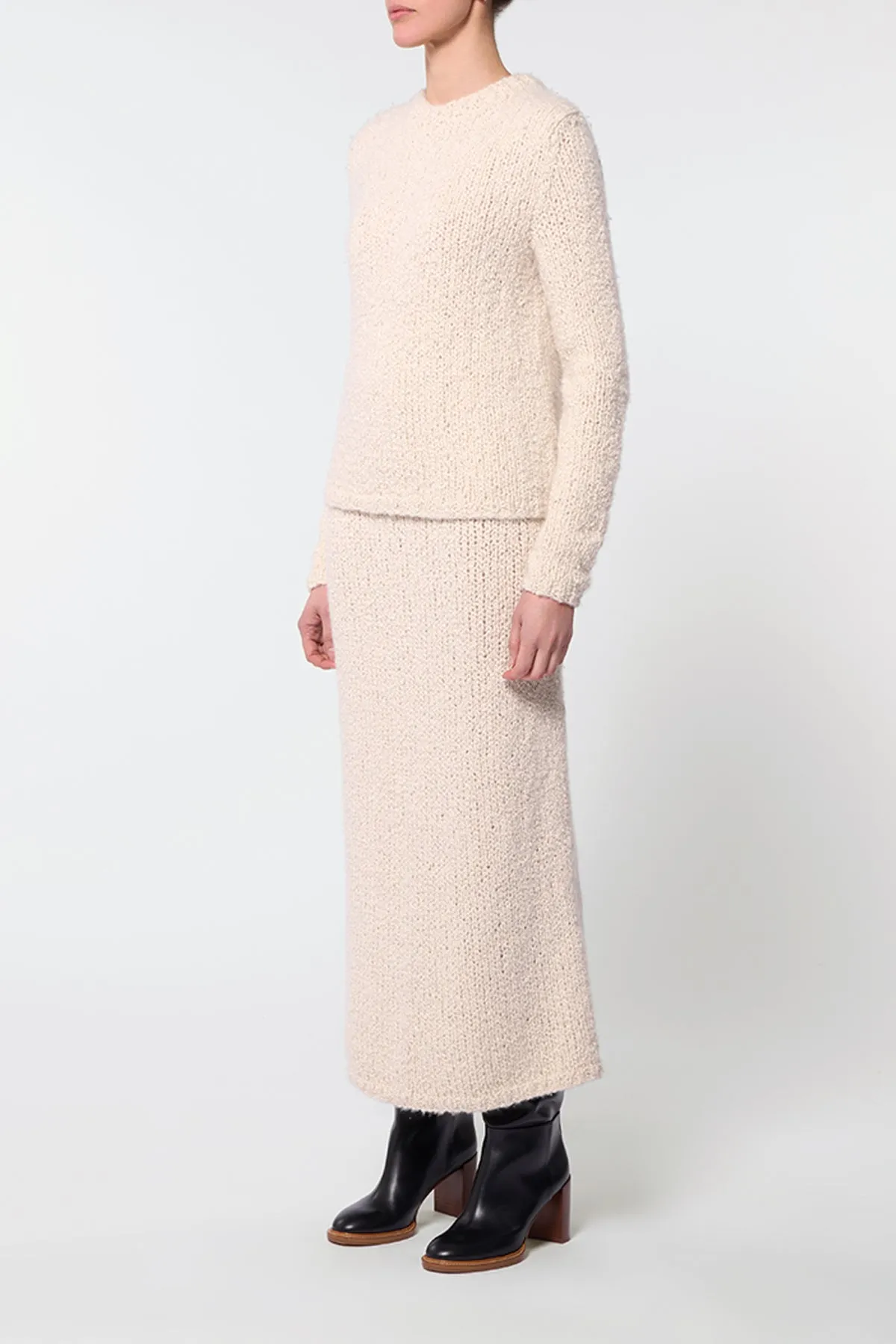 muted tone Milne Knit Maxi Skirt in Ivory Cashmere Boucle