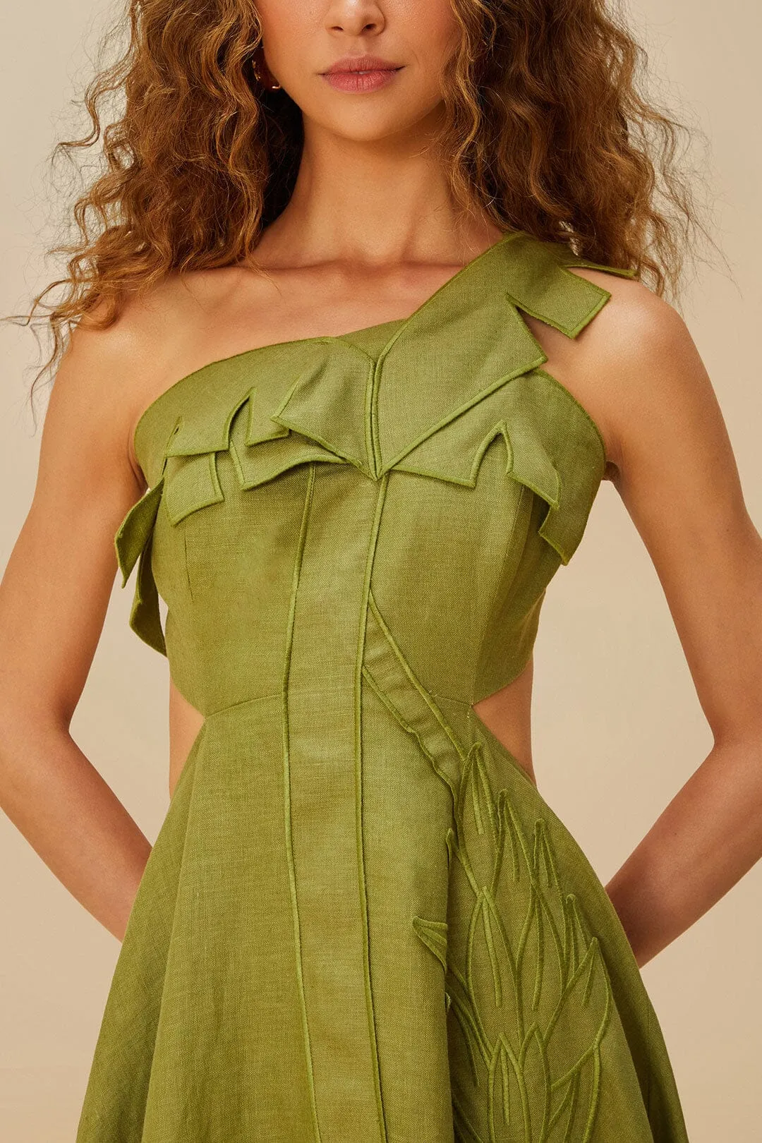 embroidery work Green Palm Tree Euroflax? Premium Linen Maxi Dress