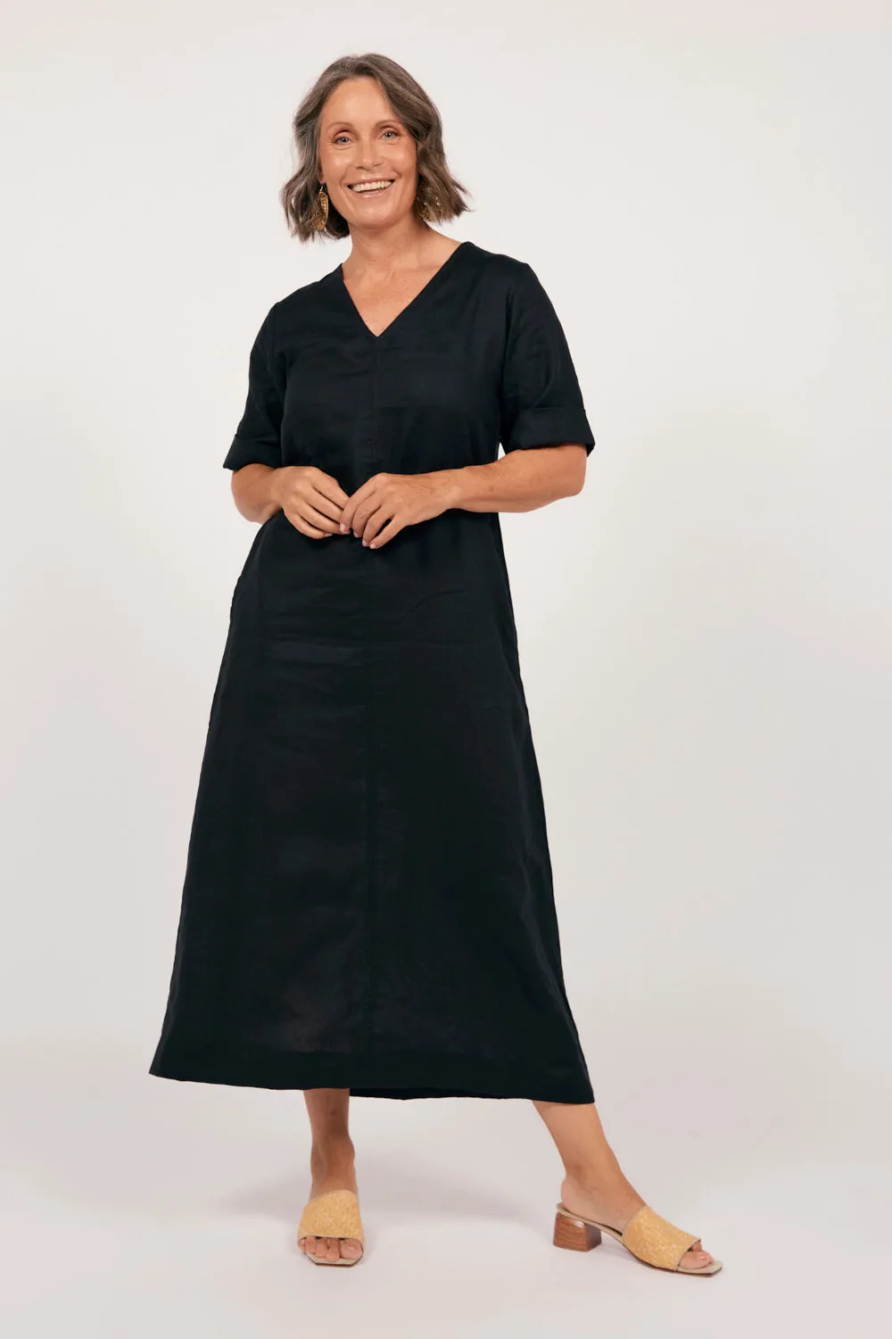 Tamara Linen V-Neck Dress in Black Fold Glow Vintage Love
