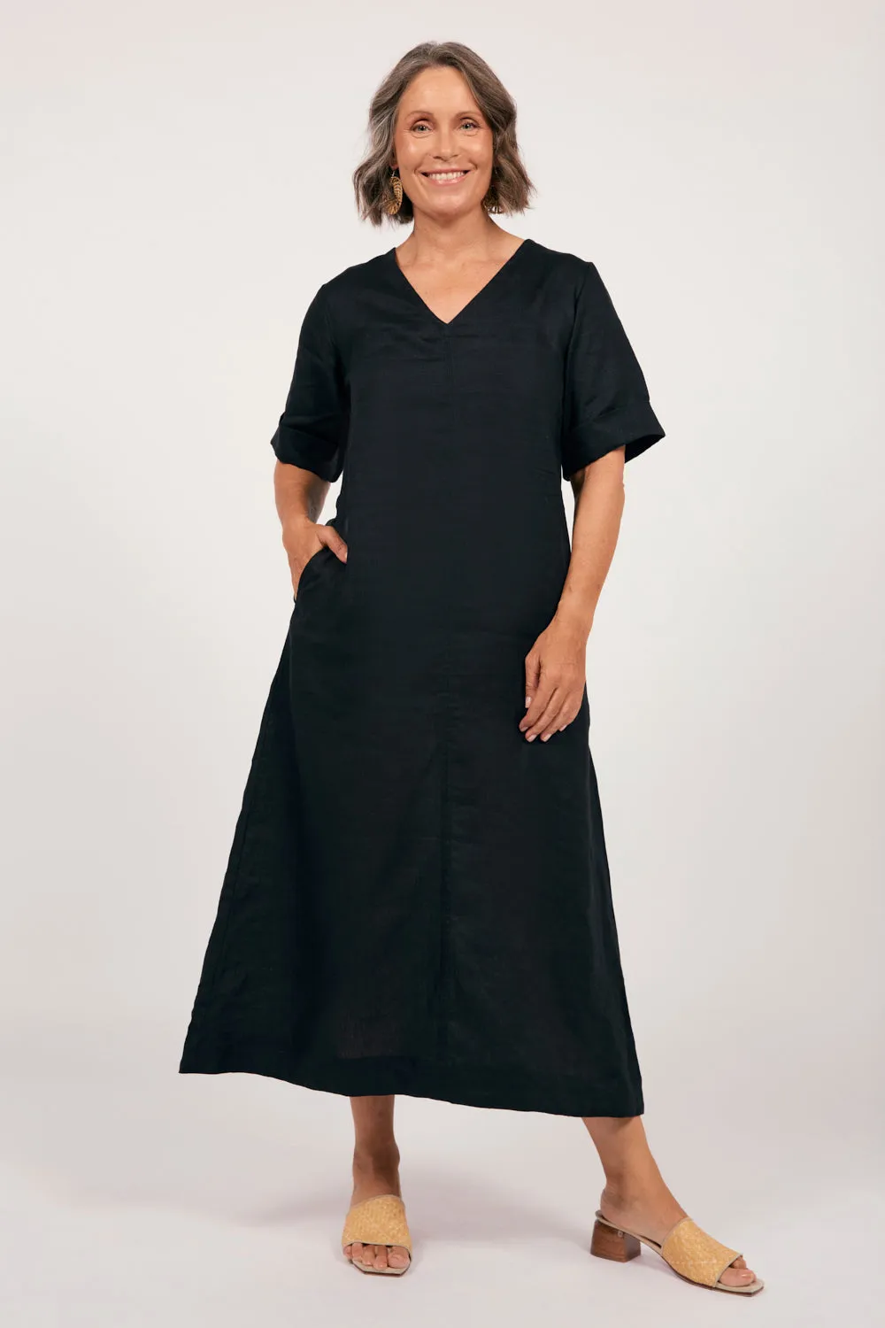 Tamara Linen V-Neck Dress in Black Heat Proof Resort Stay