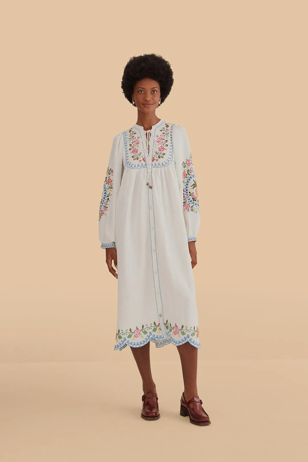 Off-White Embroidered Midi Dress Chic Layers Parisian Touch