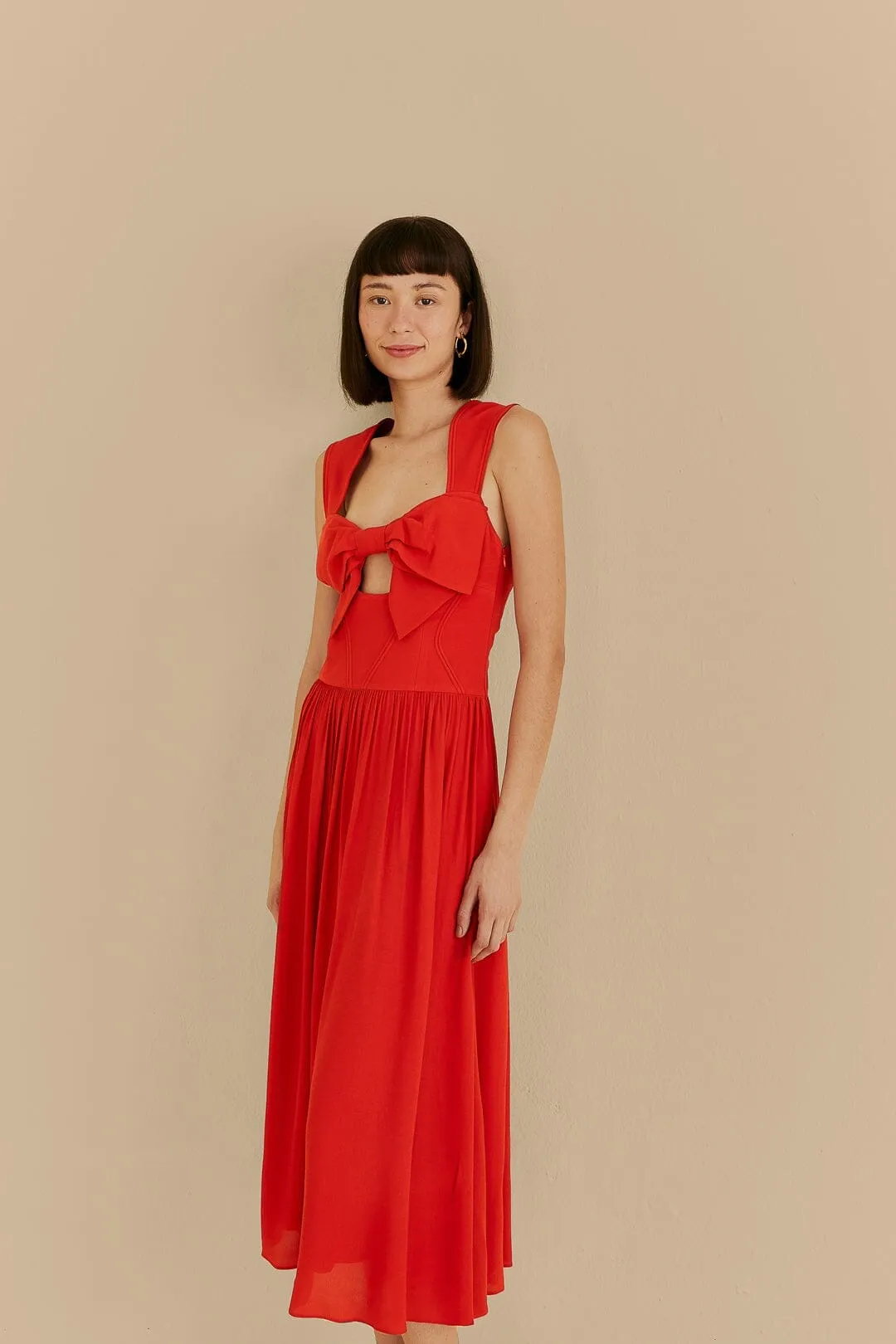 Modern Wear Flattering Fashion Red Bow Sleeveless Midi Dress