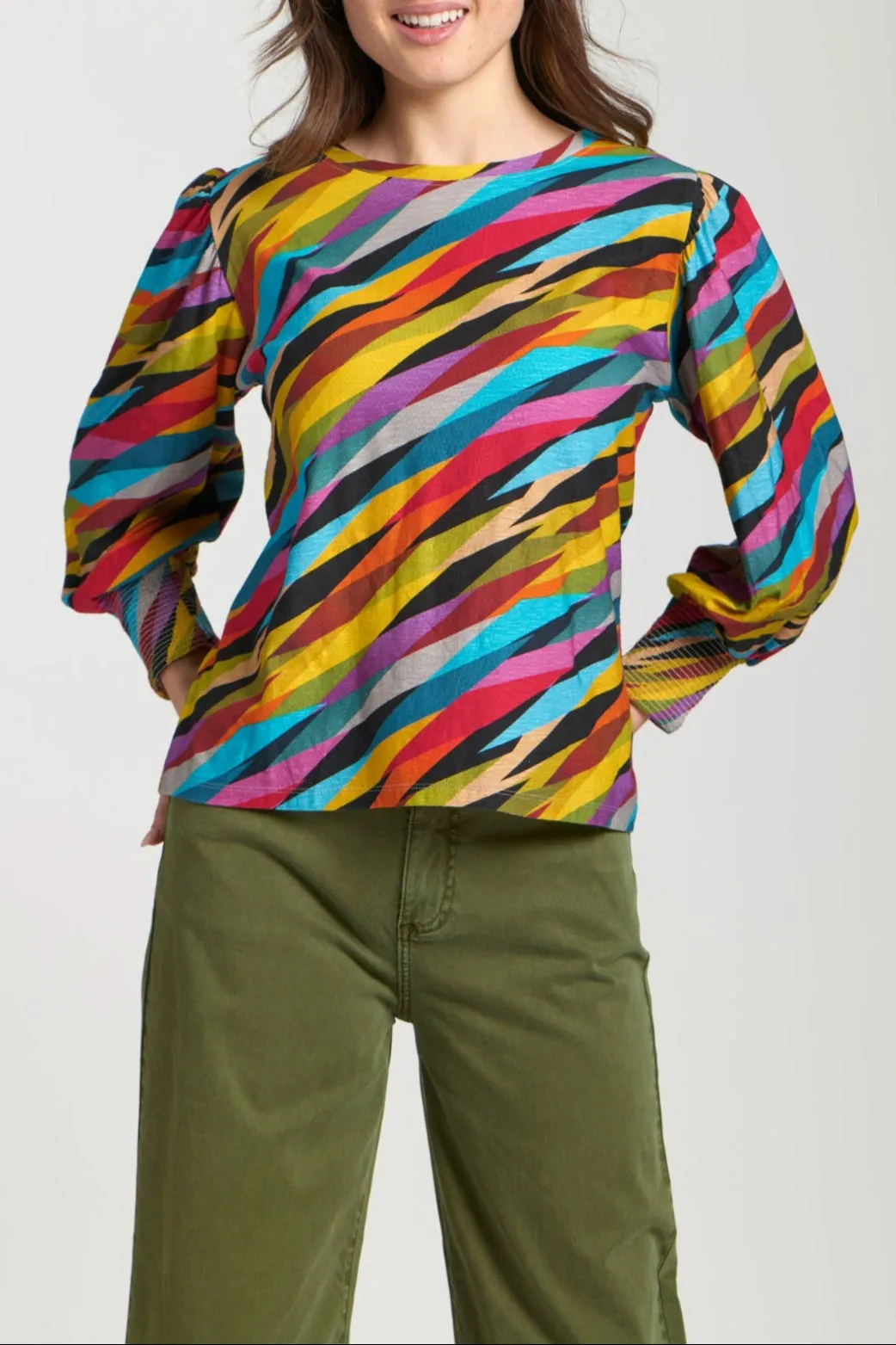 Peasant Sleeve Tee With Smocked Cuff SustainableYarnBlend