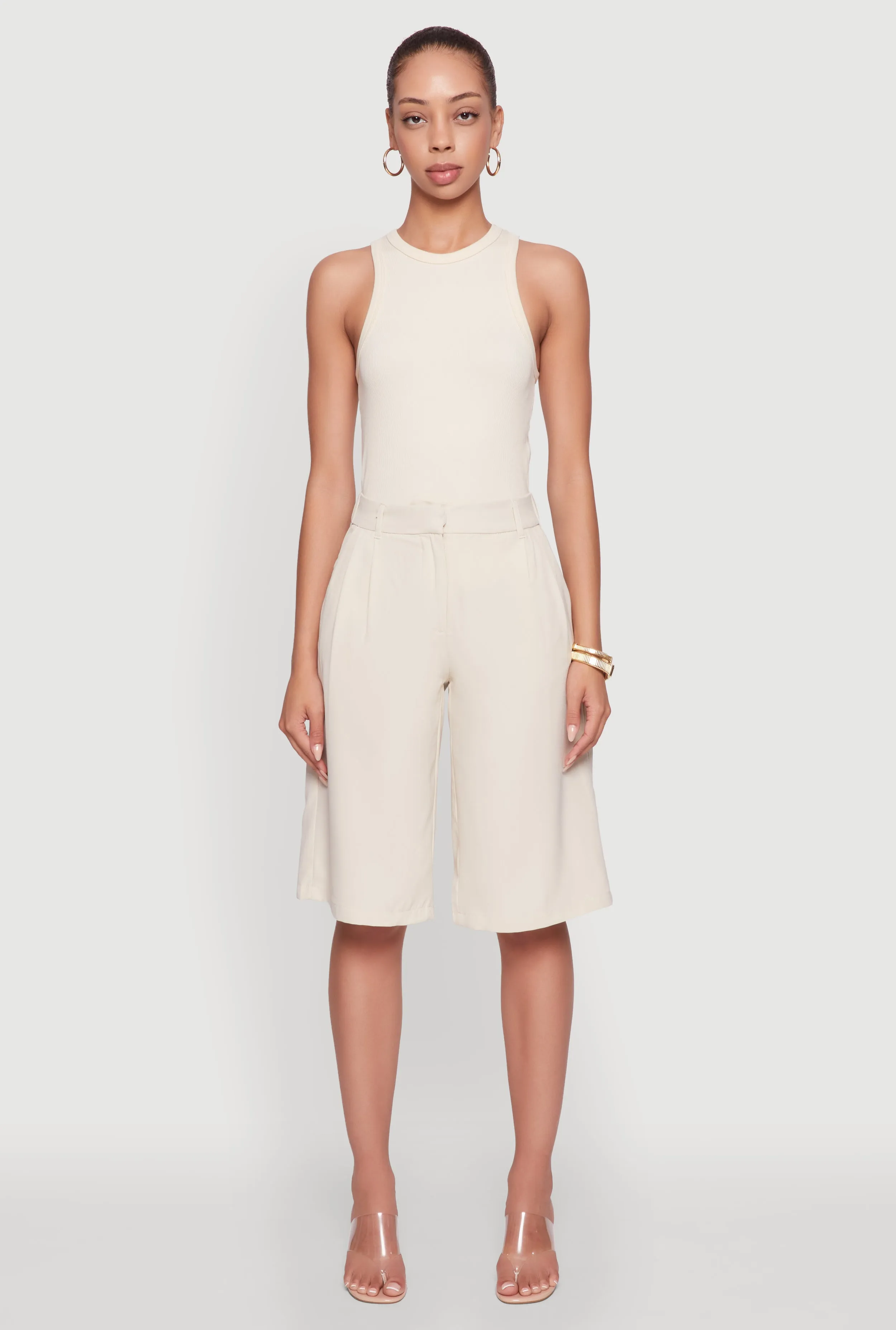 High Waisted Crepe Knit Tailored Bermuda Shorts Wind Resistant Material