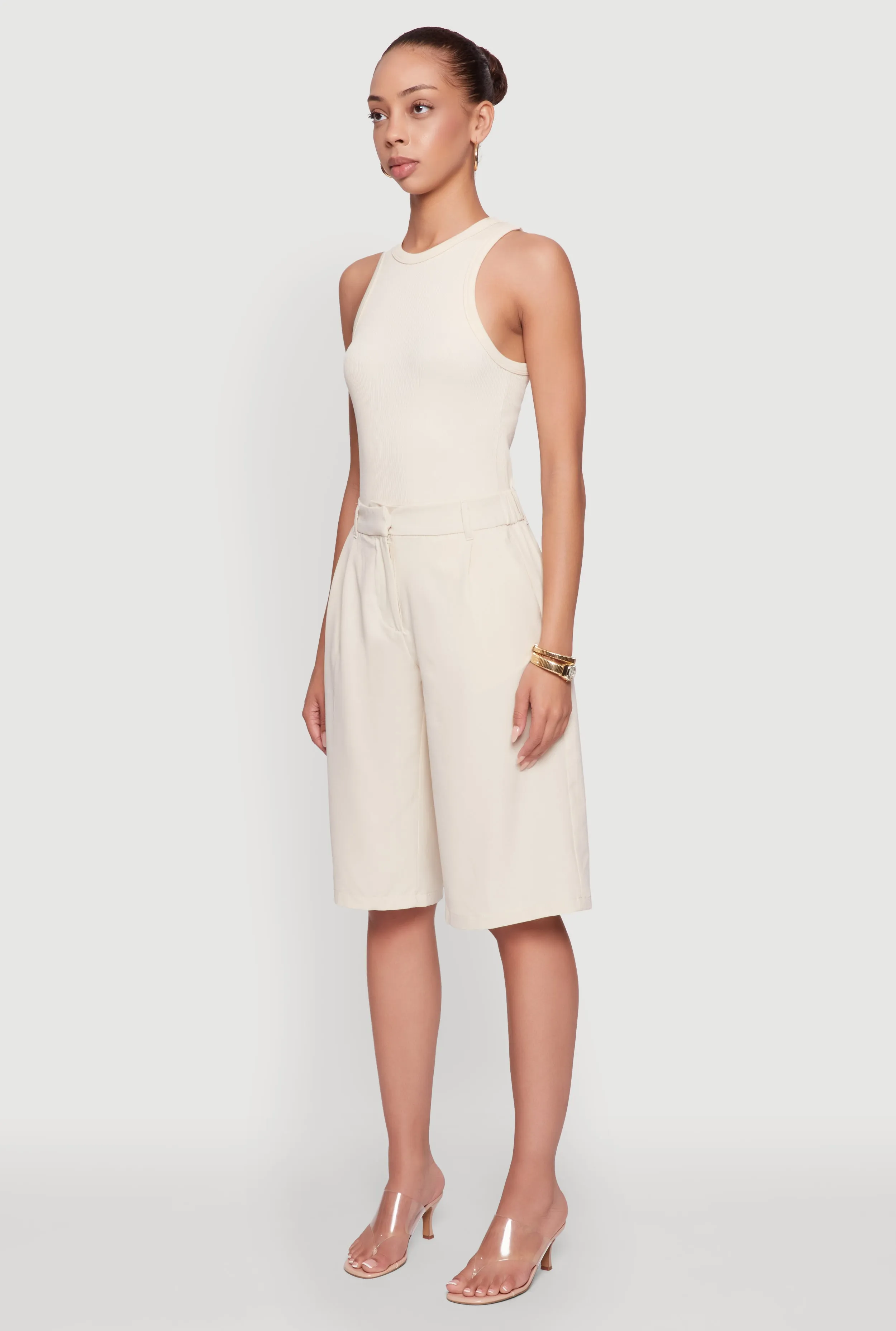 High Waisted Crepe Knit Tailored Bermuda Shorts Active Style