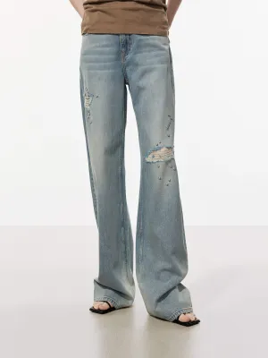 Light Fabric Yearlong Fit Beading Detail Ripped Jeans