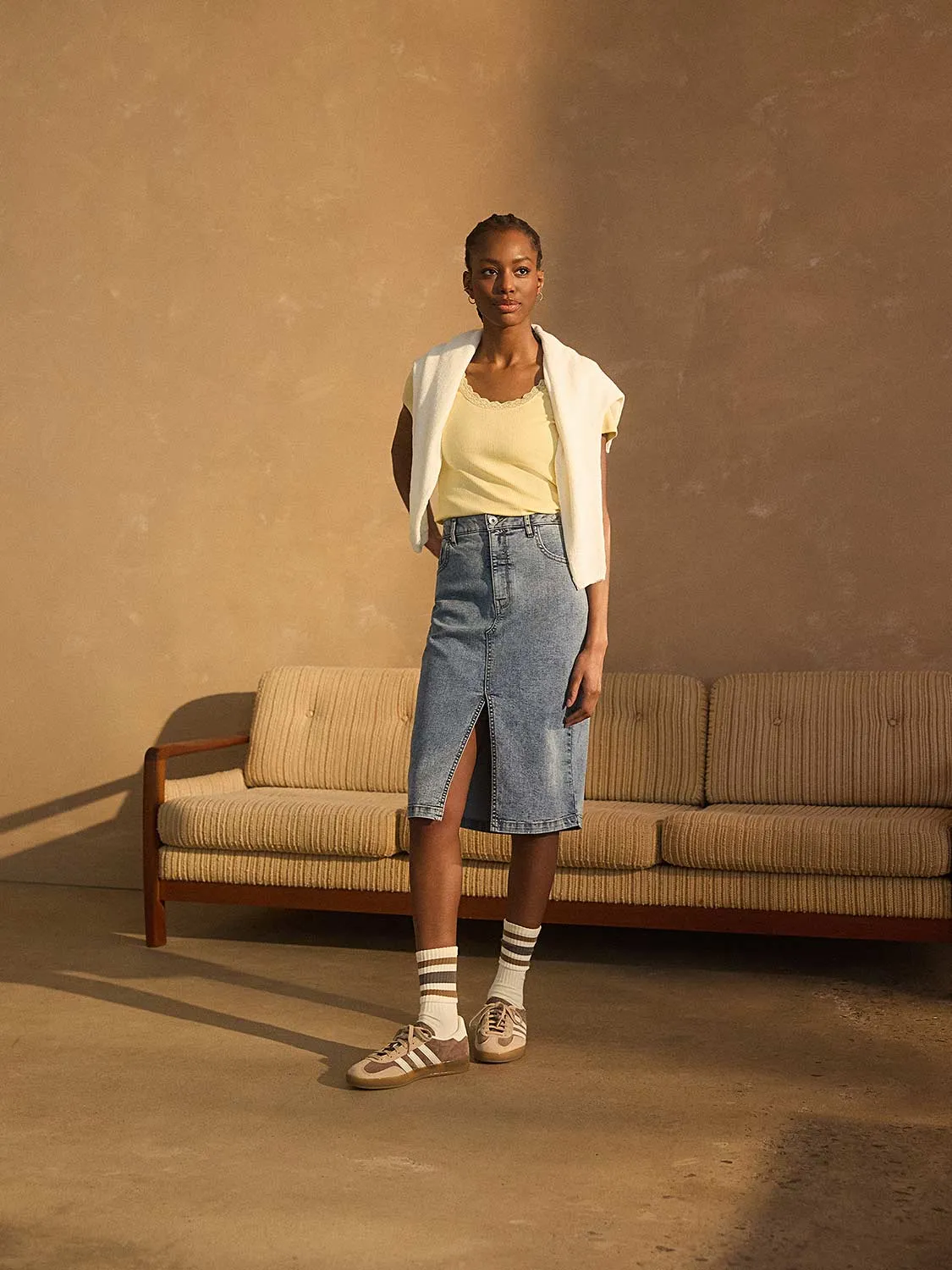 Denim Pencil Skirt Ruching Details