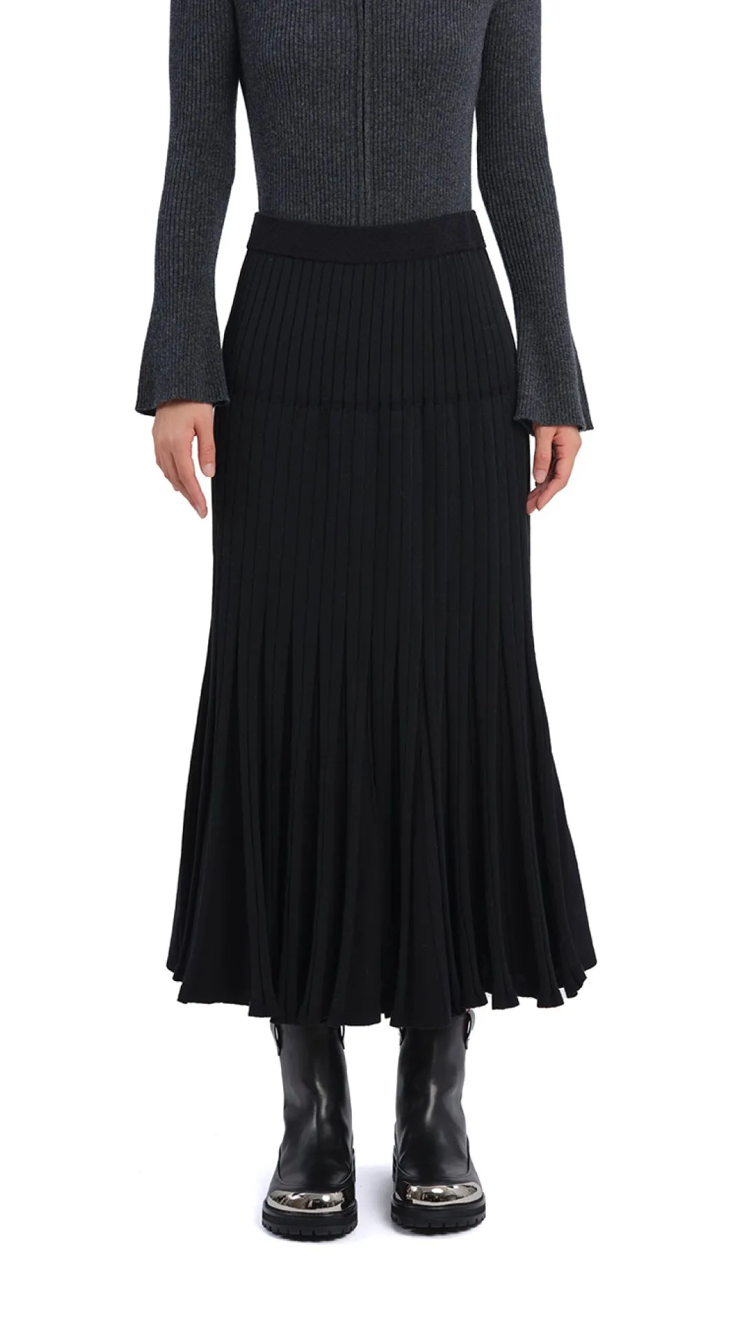 Fresh Texture Tea length Knitted Flare Skirt