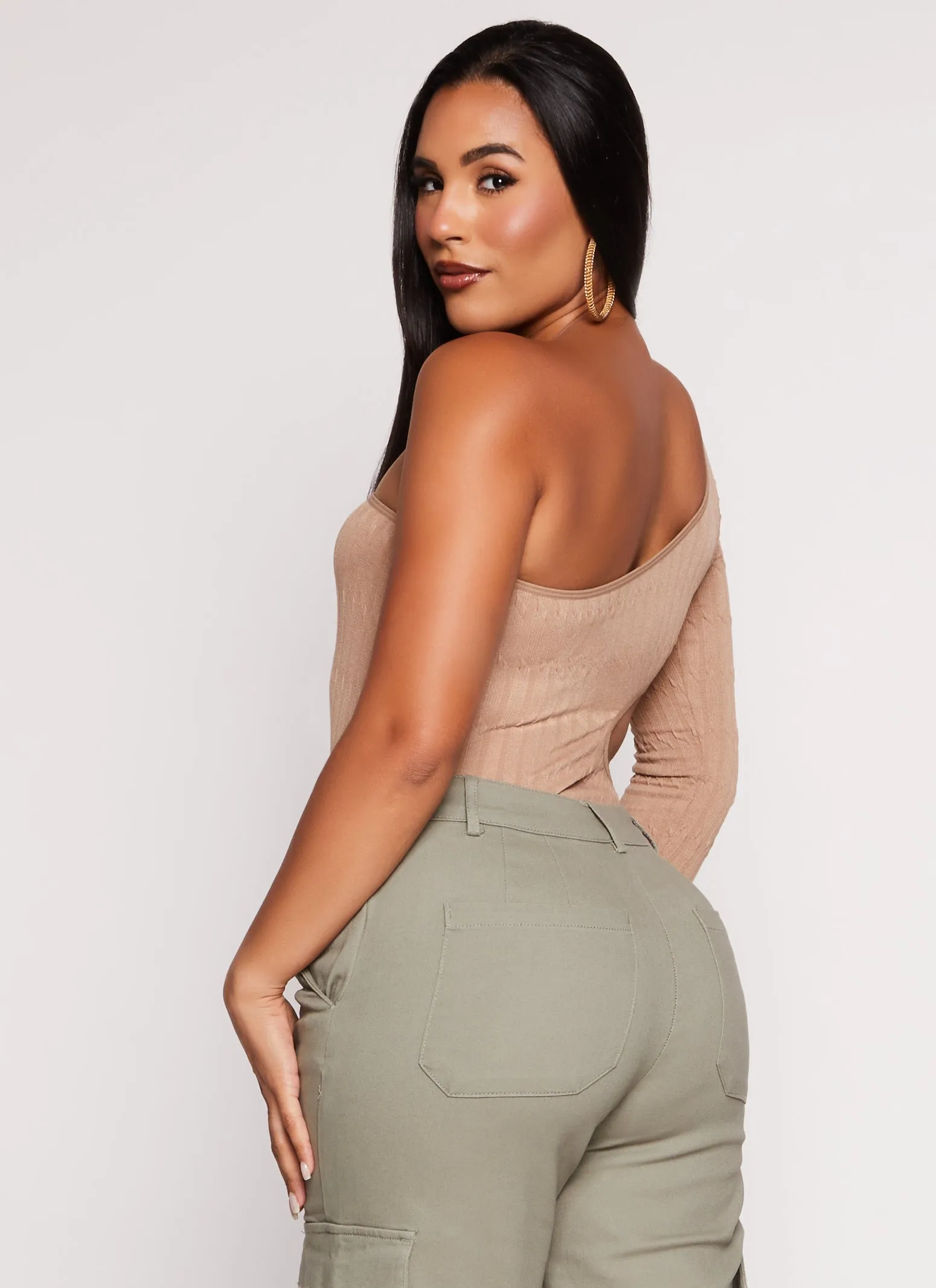Seamless Cut Out One Shoulder Long Sleeve Bodysuit Premium Family Minimal Guest