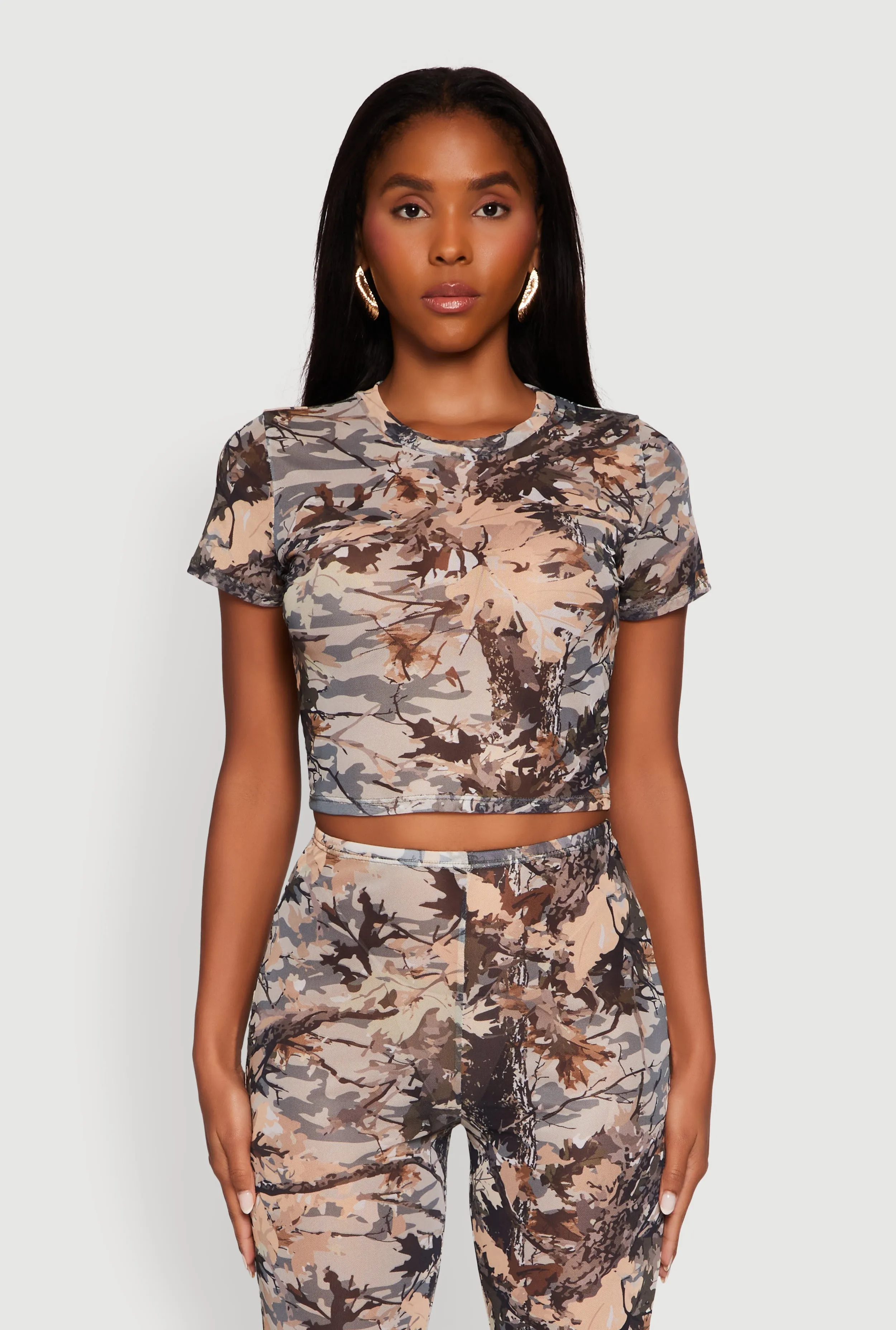 Camo Leaf Print Mesh Crop Top Unisex Fit Sustainable Packaging