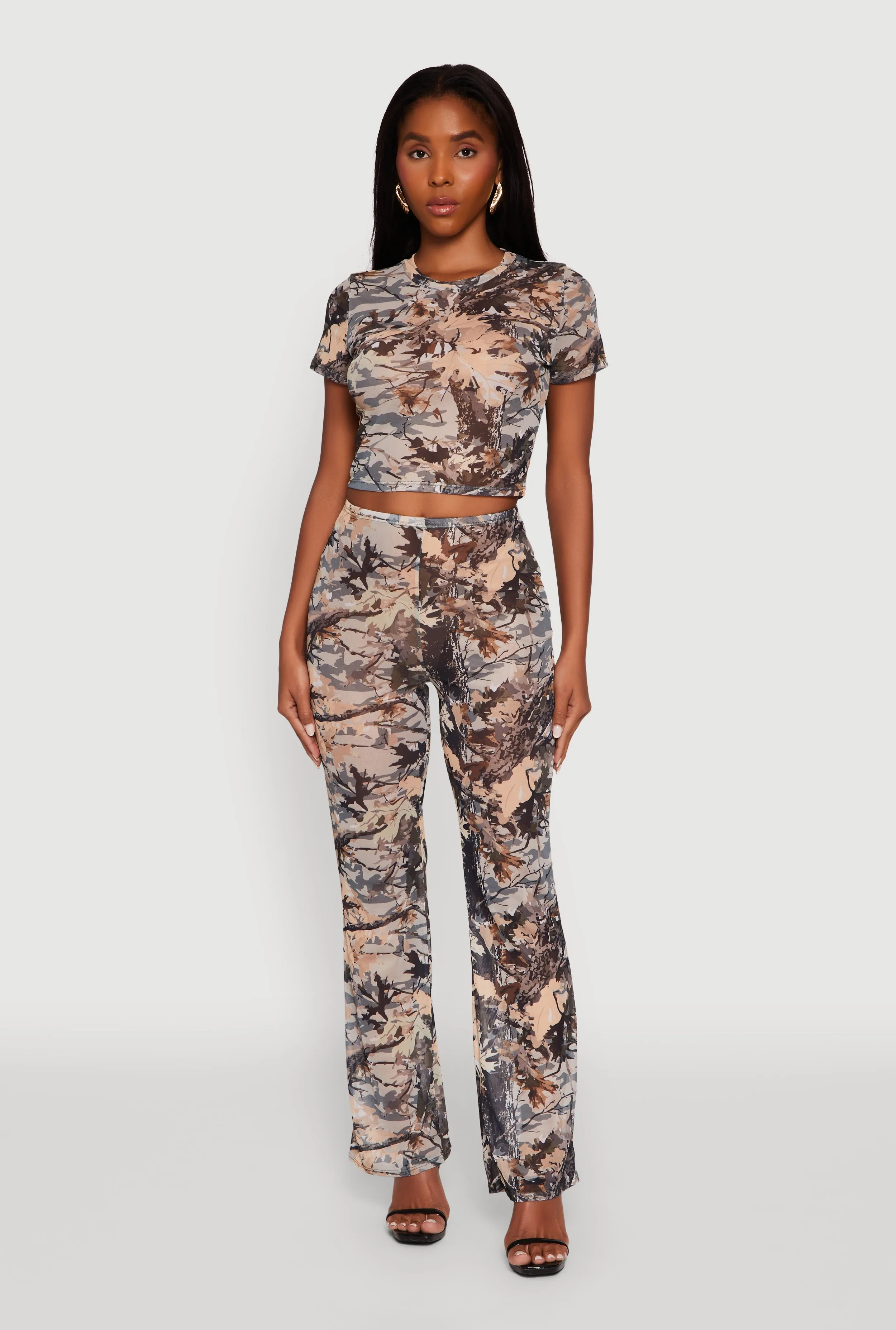 Chilly Day Essentials EasyCare Fabric Camo Leaf Print Mesh Crop Top