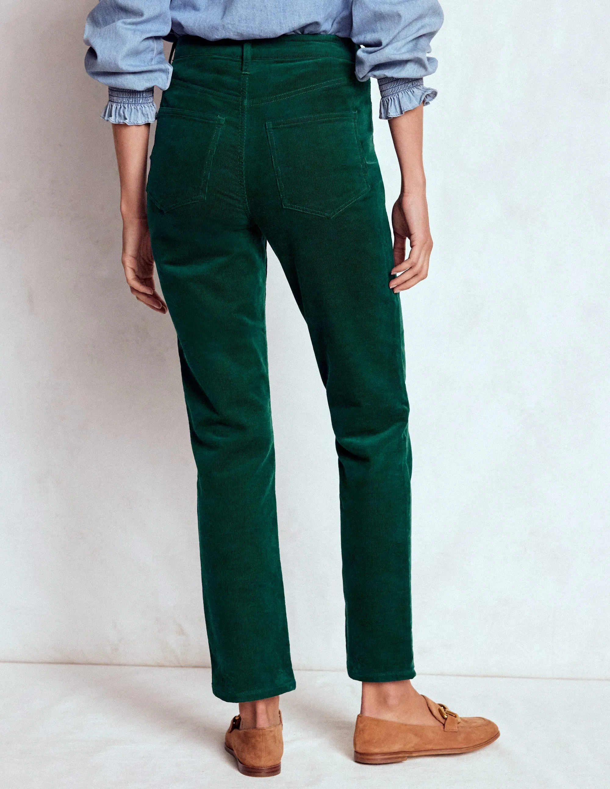 Teen Outfit Elegant Selvedge Detailing High-Waisted Cord Slim Jeans-Emerald Night