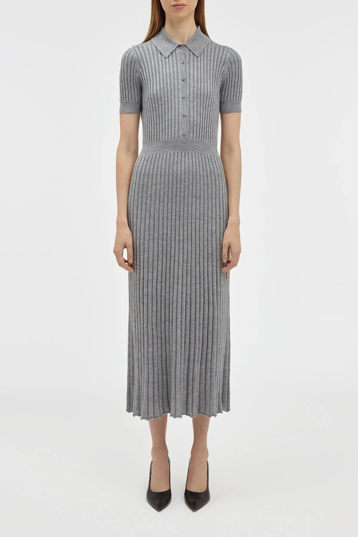 Amor Knit Midi Dress in Heather Grey Cashmere Silk Urban Pulse StretchPaneling